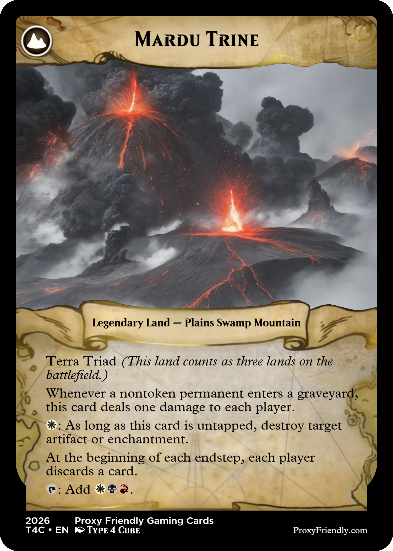 A fantasy game card titled "MARDU TRINE" depicting a volcanic landscape with erupting volcanoes and smoke. The card is labeled as "Legendary Land — Plains Swamp Mountain" and includes game instructions and symbols at the bottom.
