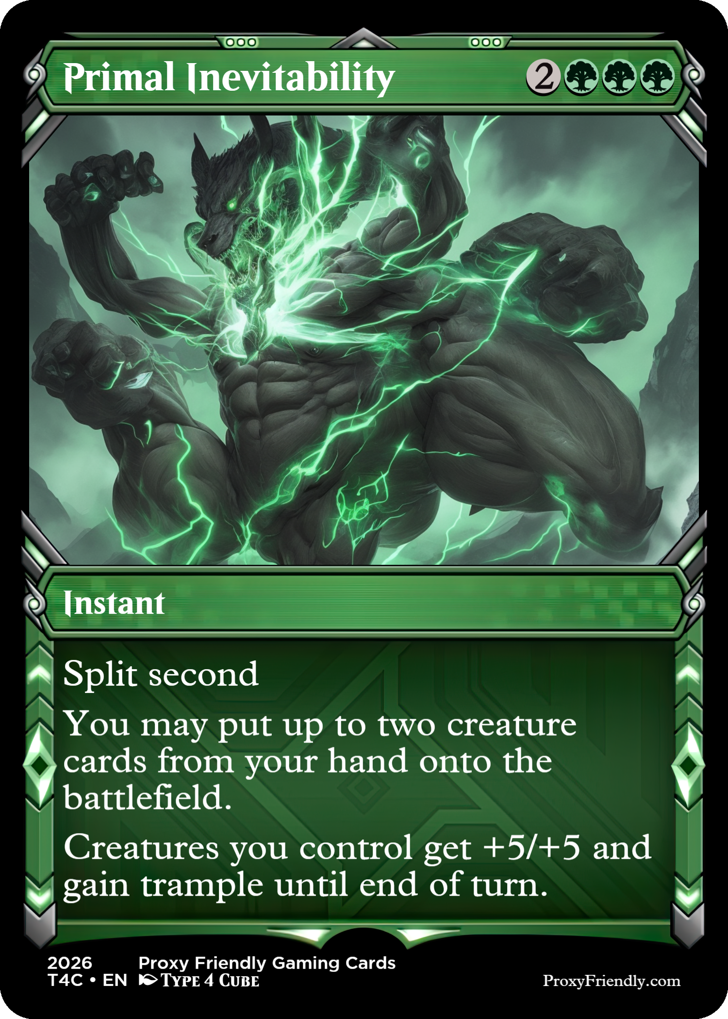 A fantasy trading card titled Primal Inevitability showing a large, muscular wolf-like creature surrounded by green lightning, with a dark and stormy background.