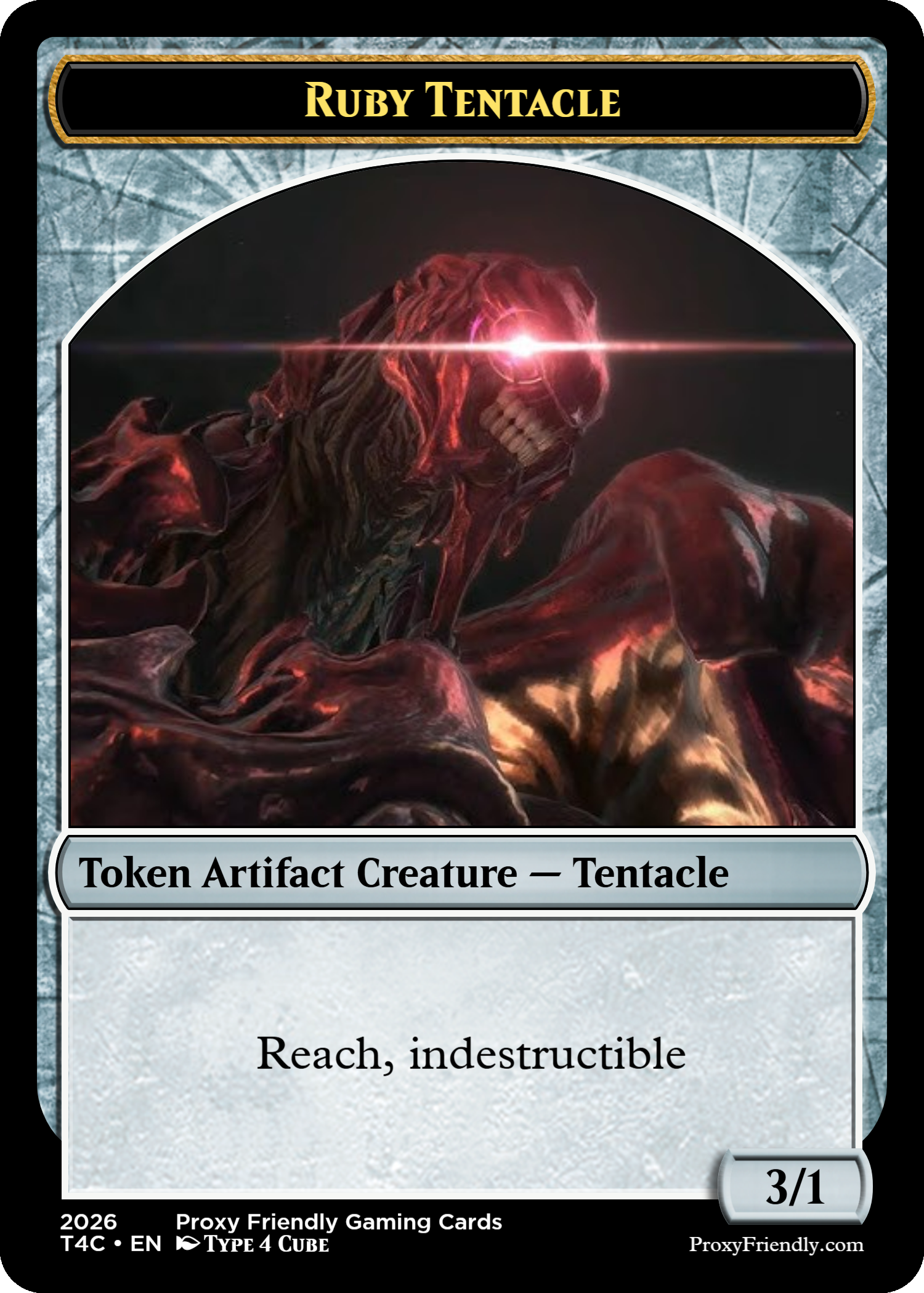 A digital illustration of a tentacle creature with glowing red eyes and sharp teeth, positioned on a gaming card titled "Ruby Tentacle," which is part of a proxy-friendly gaming card series, numbered 3 out of 1, with a marbled background and game details at the bottom.
