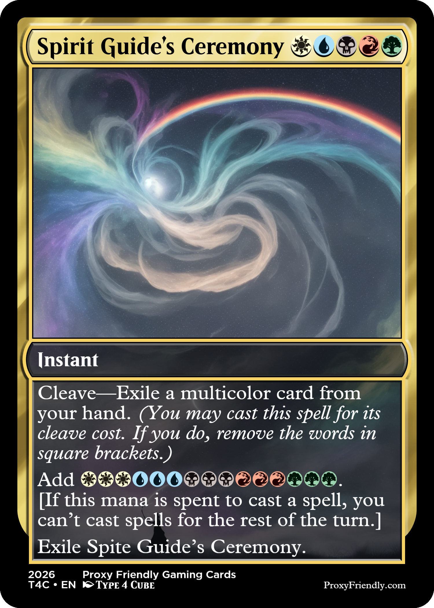 A Magic: The Gathering card titled 'Spirit Guide's Ceremony' featuring swirling cosmic colors and a rainbow in space.