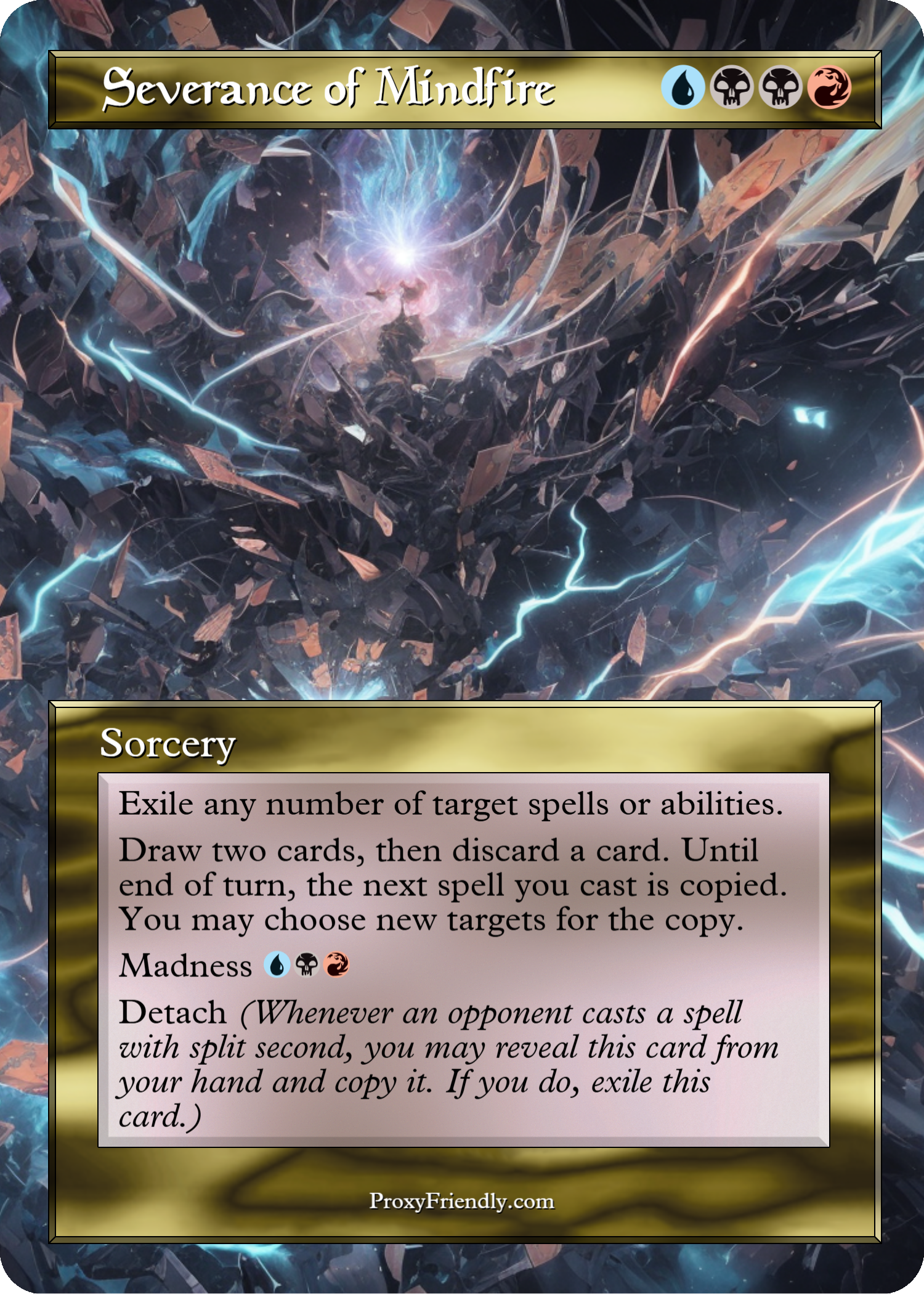 A card from a game titled 'Severance of Mindfire,' featuring abstract artwork with swirling blue and brown hues, lightning effects, and a black background. The card has four icons at the top indicating color or ability types and a description below detailing its effects.