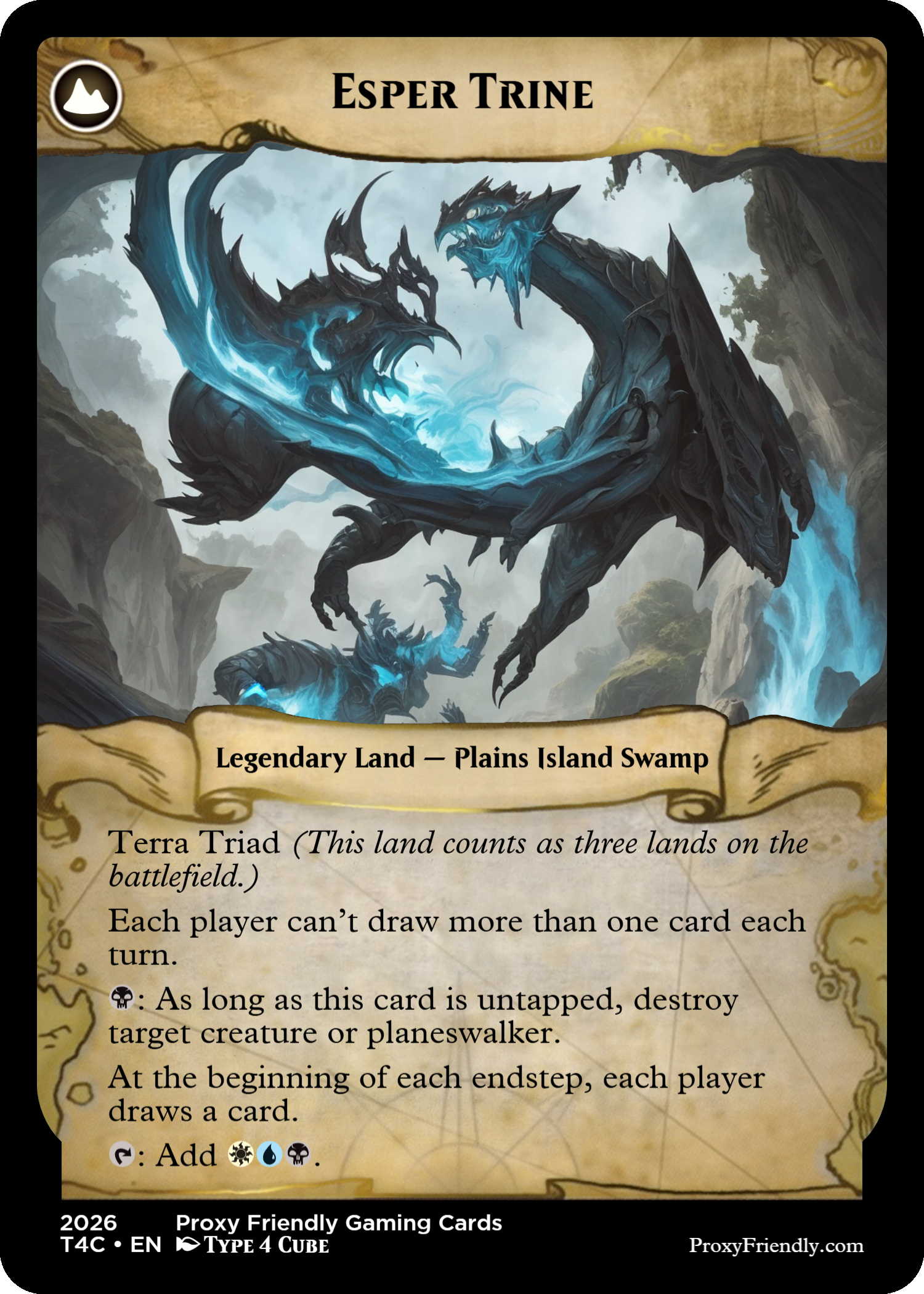 A fantasy trading card titled "Esper Trine" depicting a large, dark dragon with glowing blue accents flying over a mountainous landscape with waterfalls and mist. The card is labeled as a legendary land from Plains and Island Swamp with game instructions and symbols.