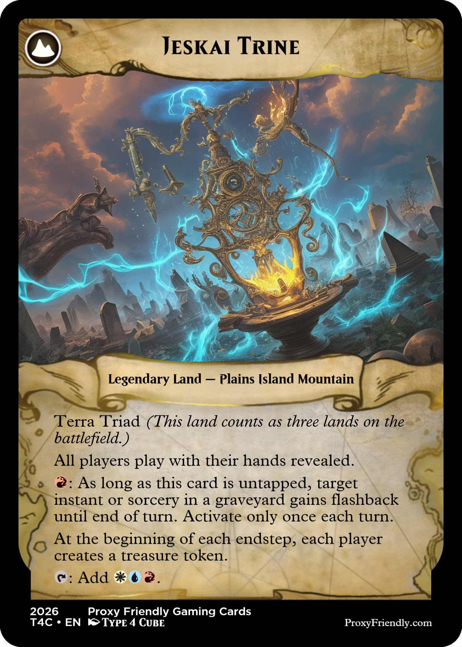 A fantasy-themed trading card titled 'Jeskai Trine'. The illustration depicts an ornate, glowing, golden divine structure with blue and orange lightning bolts emanating from it, set against a stormy sky with dark clouds and ruined landscape. The card is labeled as 'Legendary Land — Plains Island Mountain', with game text and symbols below.