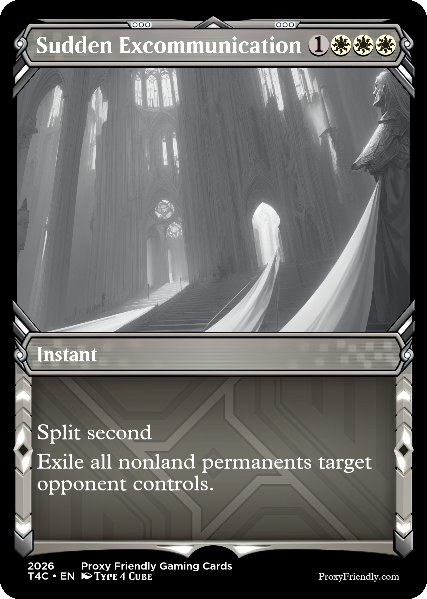 A fantasy-themed gaming card titled 'Sudden Excommunication' depicting a grand, Gothic cathedral with tall, arched windows and statues. The card is labeled as 'Instant' and has game instructions: 'Split second. Exile all nonland permanents target opponent controls.' It shows a black-and-white, illustrated scene with a Gothic architectural style.