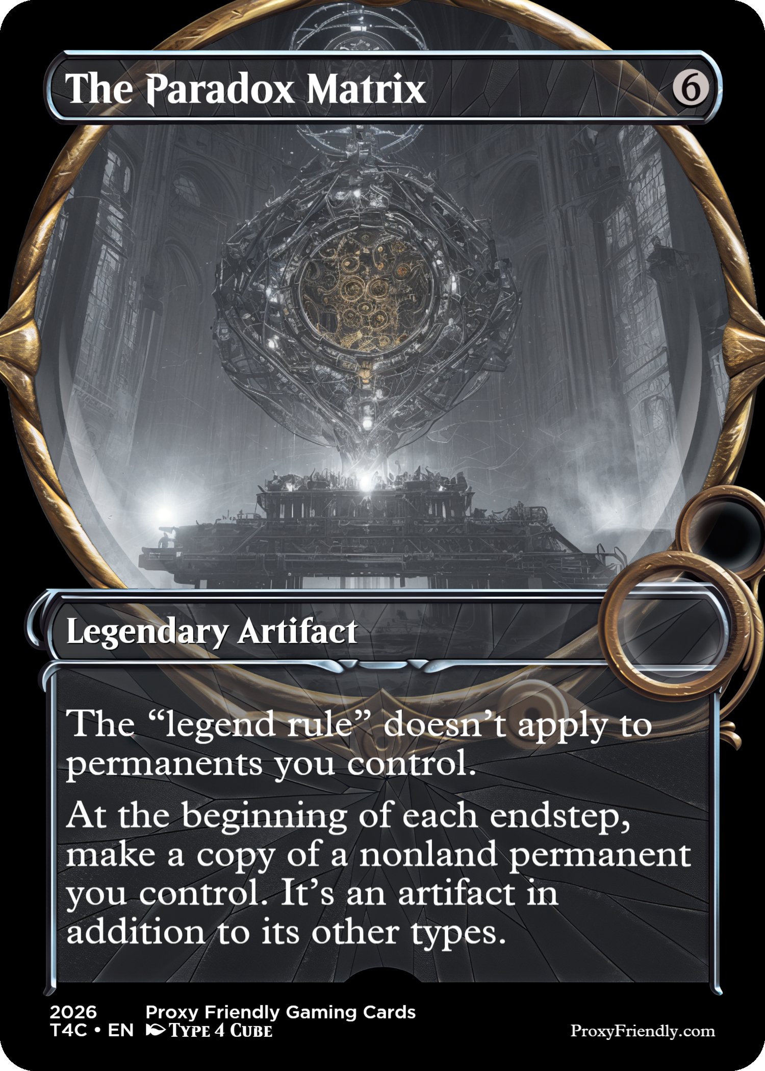 A trading card titled 'The Paradox Matrix' with a dark, industrial background featuring a large, intricate mechanical structure or device inside a glass container, surrounded by a gold frame. The card is described as a 'Legendary Artifact' with specific game rules written on it.