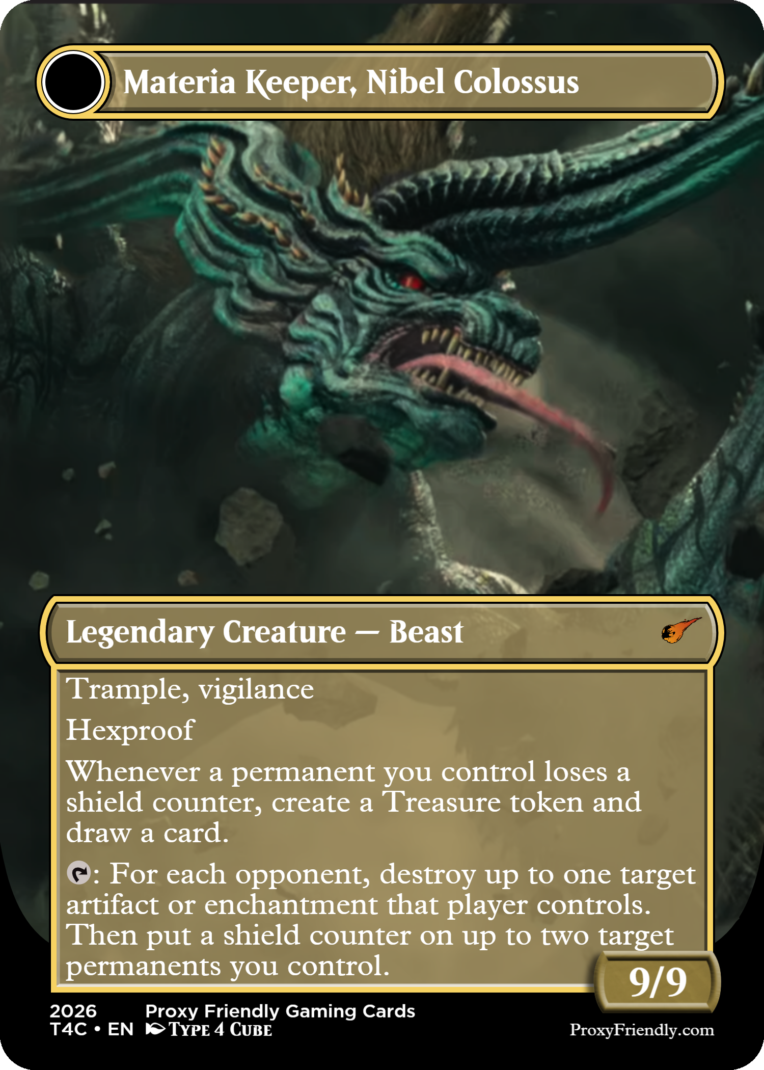A fantasy trading card titled "Materia Keeper, Nibel Colossus" depicting a dragon-like creature with teal and dark green scales, red eyes, sharp teeth, and a long tongue, set in a dark, rocky environment.