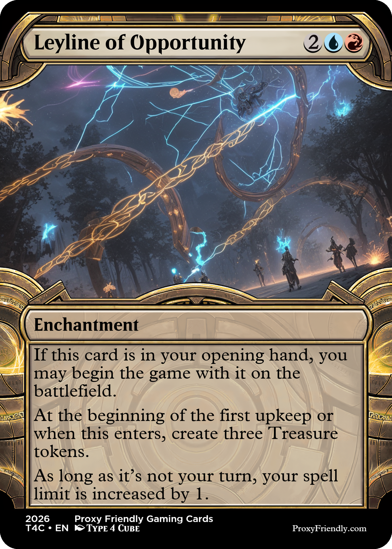 A fantasy-themed Magic: The Gathering card titled 'Leyline of Opportunity' with a background of a mystical forest and floating magical energy and lightning.