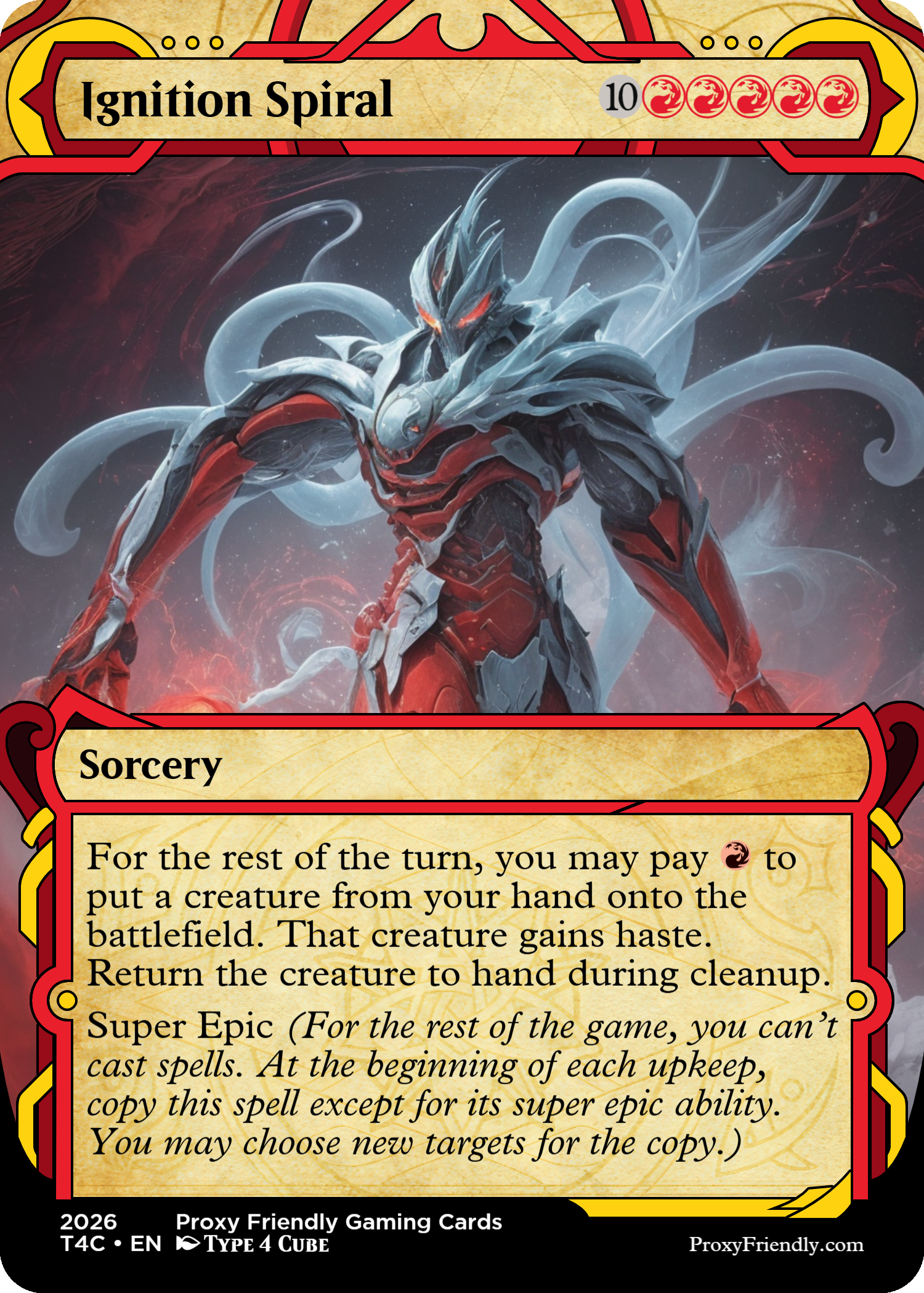 A digital illustration of a futuristic armored humanoid creature with a wolf-like face, glowing red eyes, and swirling energy around it, set against a dark, starry background.