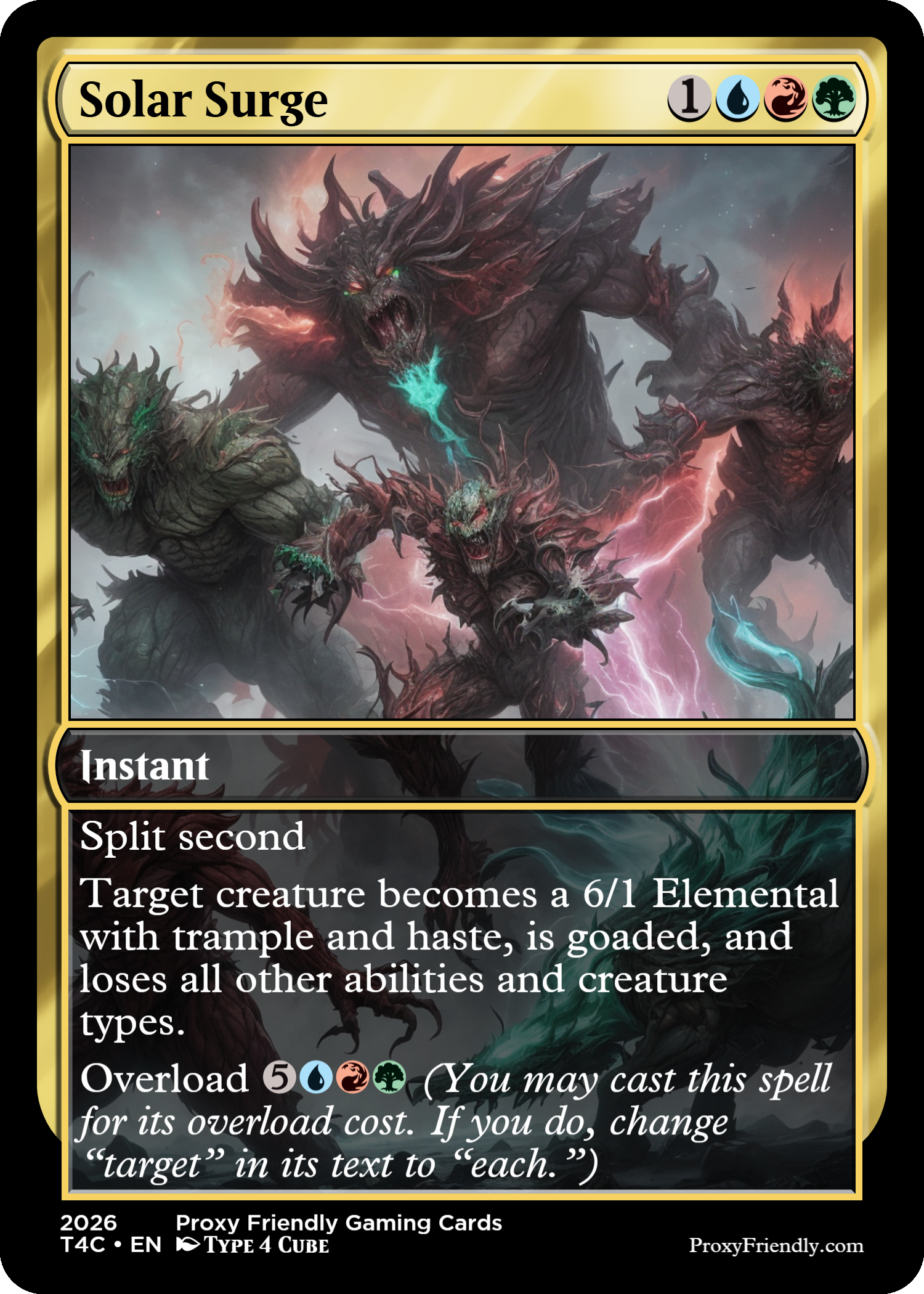 A fantasy illustration of a large, monstrous creature with glowing green eyes and dark hair, surrounded by smaller similar creatures, set against a stormy sky with lightning.