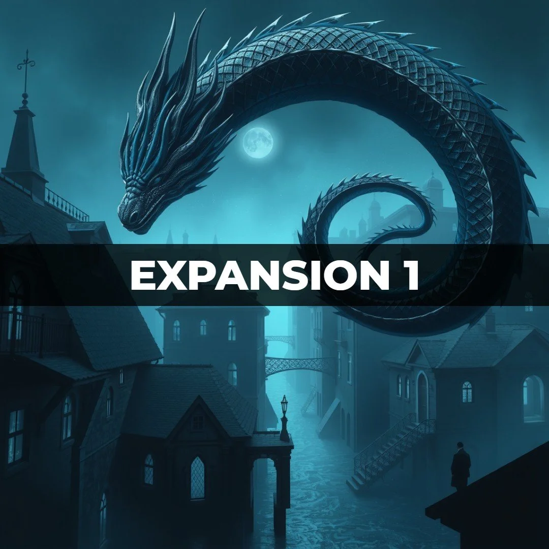 A fantasy scene with a large dragon flying over a dark, foggy medieval town at night. The dragon has a long, scaled body with sharp, spiky features and is illuminated by a full moon. The town has old buildings with pointed roofs, narrow streets, and a solitary figure standing on a staircase.