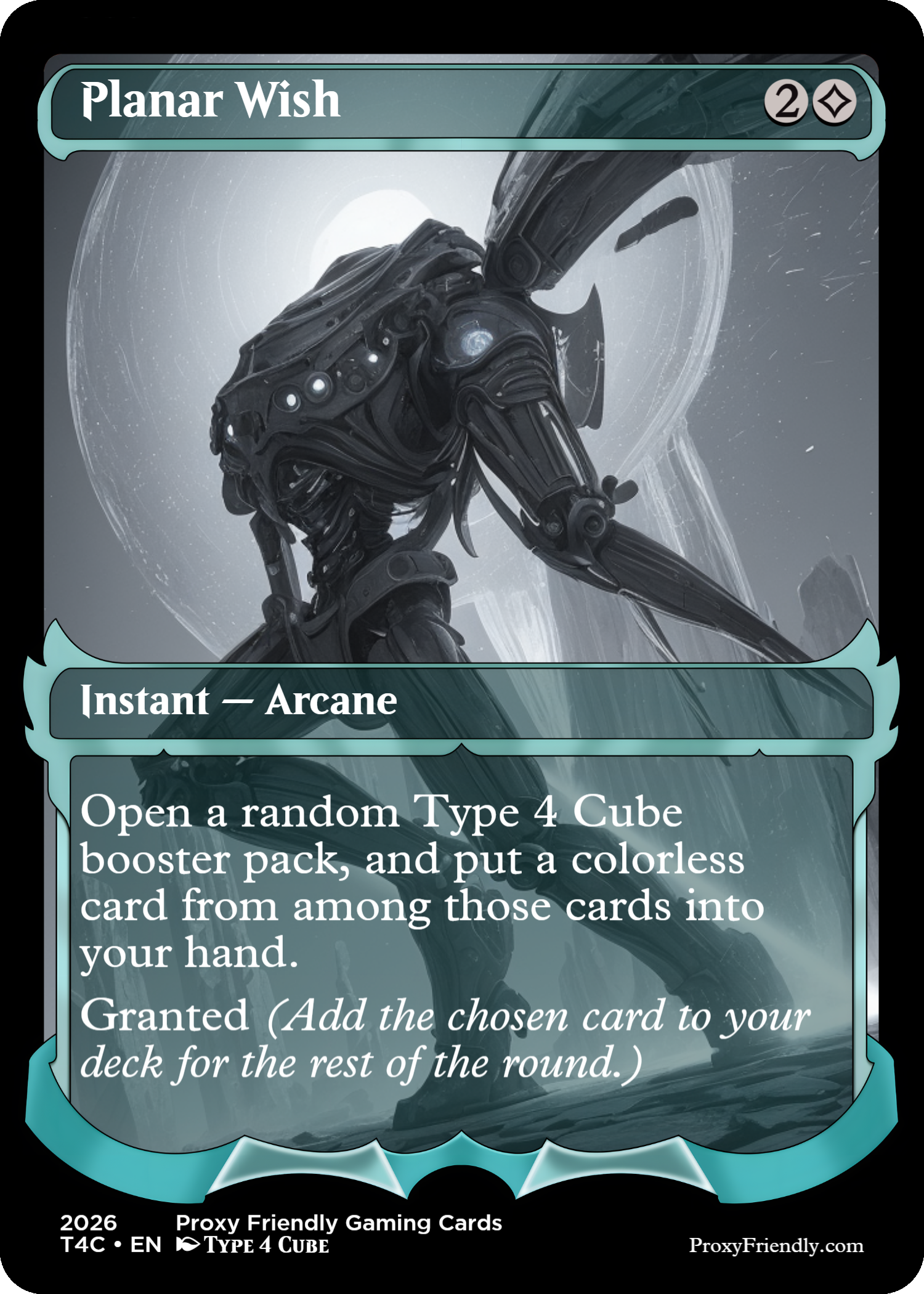 A futuristic, robotic creature with a sleek, black design and glowing white eyes stands against a cosmic background with a bright, glowing celestial body. The card is titled 'Planar Wish' and features text describing an instant arcane spell from a science fiction-themed card game.