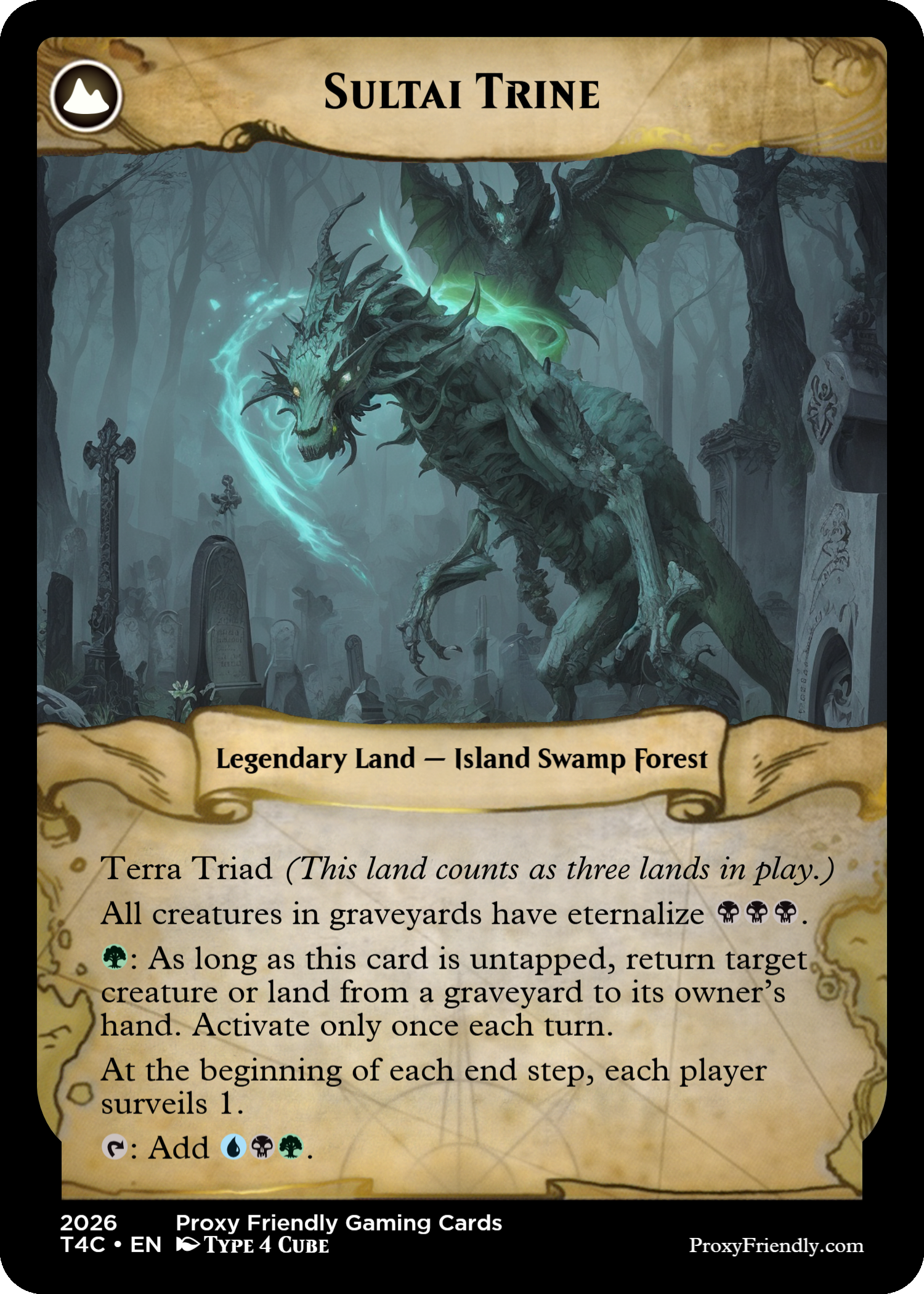 A fantasy-themed trading card titled 'Sultai Trine' showing a monstrous creature in a graveyard. The creature has a dragon-like head, sharp horns, glowing eyes, and a skeletal body with wings. The background features tombstones and a dark, misty swamp forest.