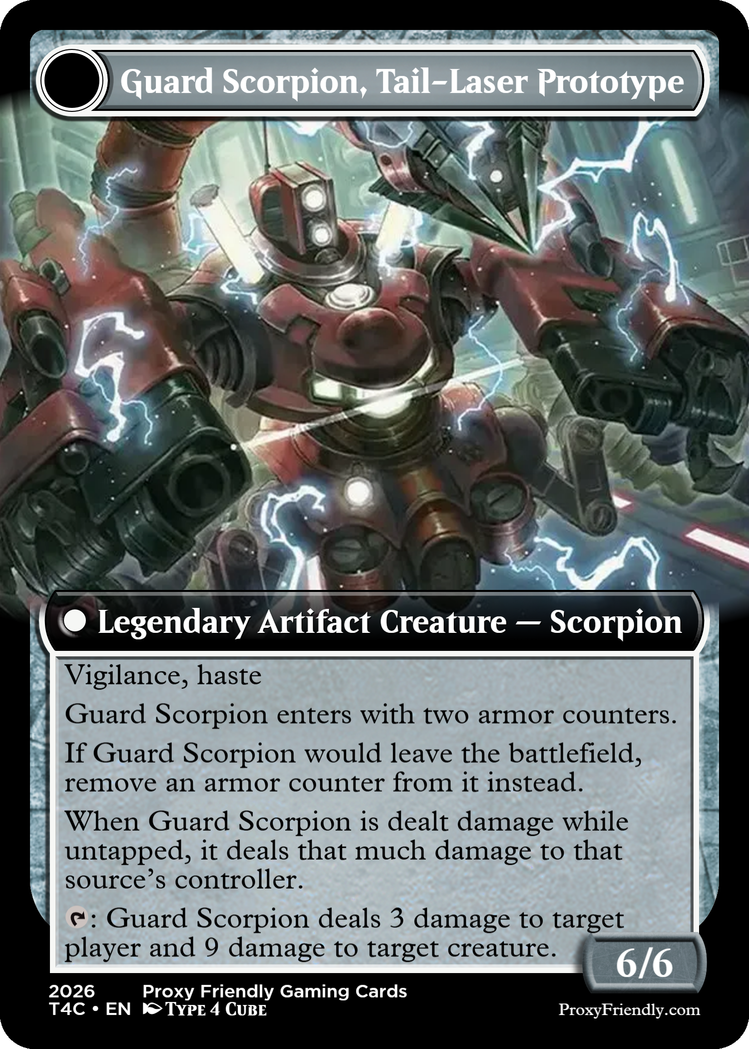 A trading card from Proxy Friendly Gaming Cards featuring the Guard Scorpion, a tail-laser prototype. The card shows an armored robot with a scorpion motif emitting lightning, and includes descriptions of its abilities and stats.