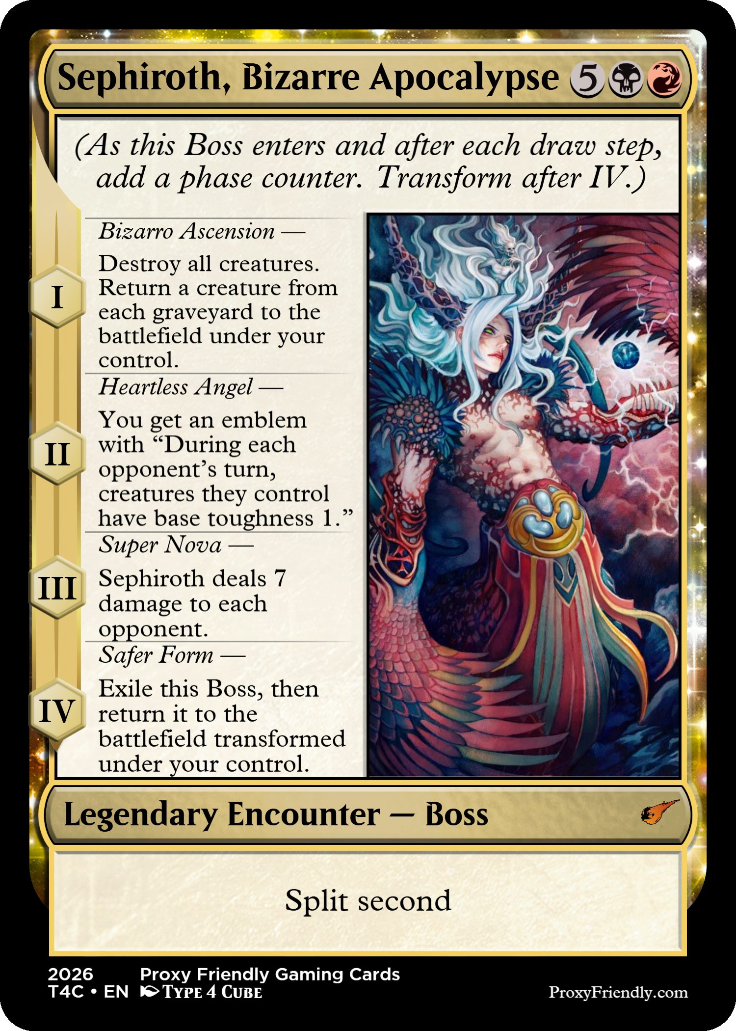 Magic trading card titled "Sephiroth, Bizarre Apocalypse" featuring a fantasy illustration of a woman with long white hair, dragon wings, and armor, surrounded by storm and lightning. The card has various abilities and statistics listed on the left.