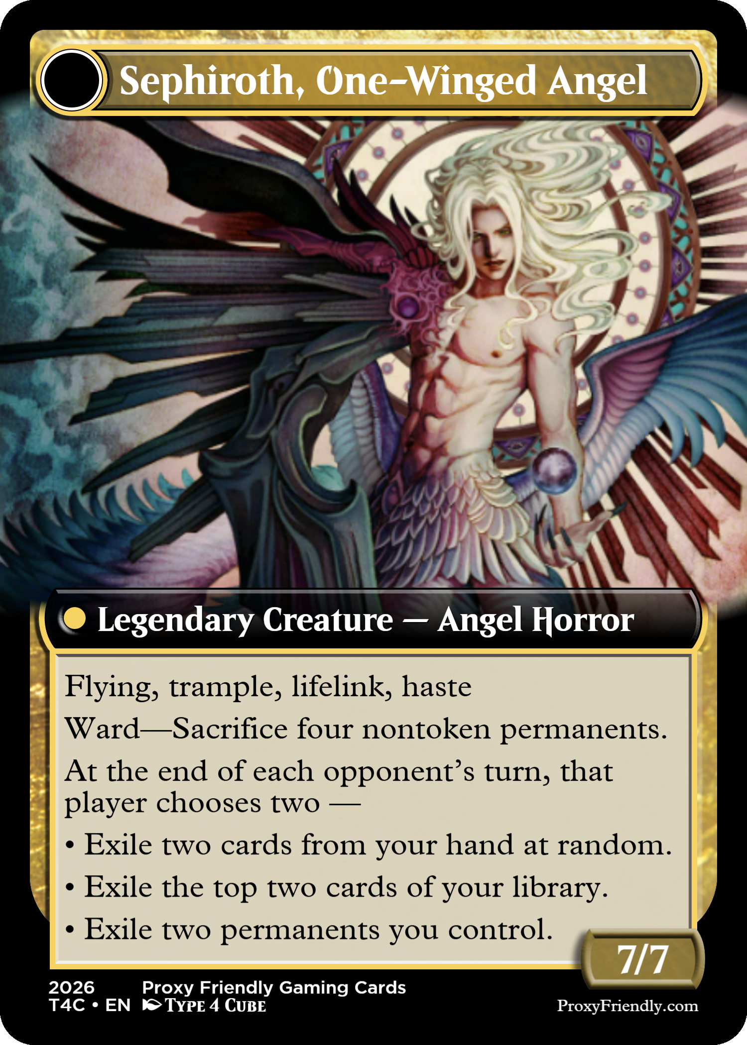 A fantasy art card depicting Sephiroth, a one-winged angel with long, flowing white hair and wings, wielding a massive dark sword. The background features a patterned circular design and a red sunburst.