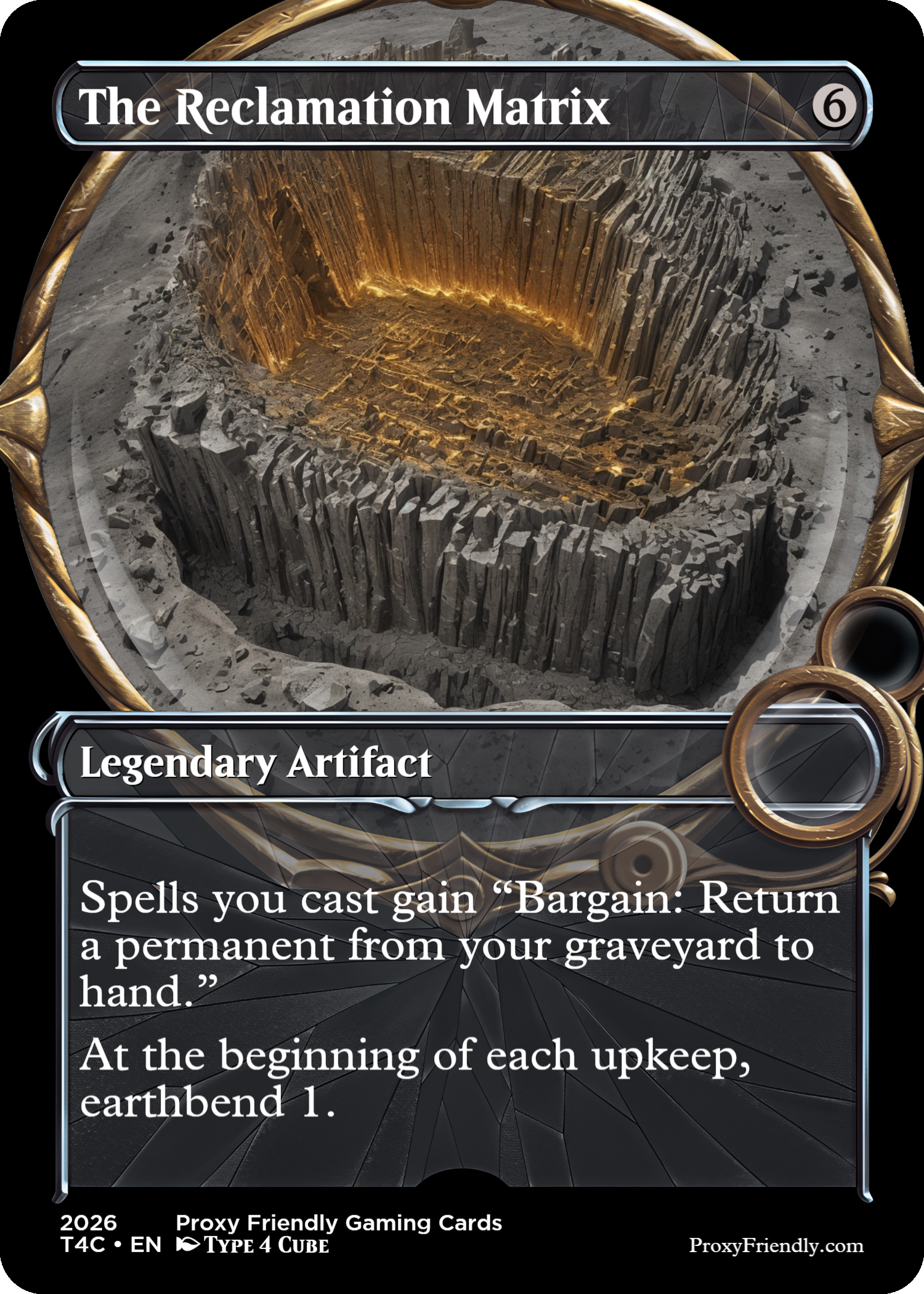 A fantasy-themed gaming card titled 'The Reclamation Matrix' displaying a circular structure that looks like a deep, carved chasm or crater with glowing golden edges. The card is labeled as a "Legendary Artifact" and contains text describing its game effects.