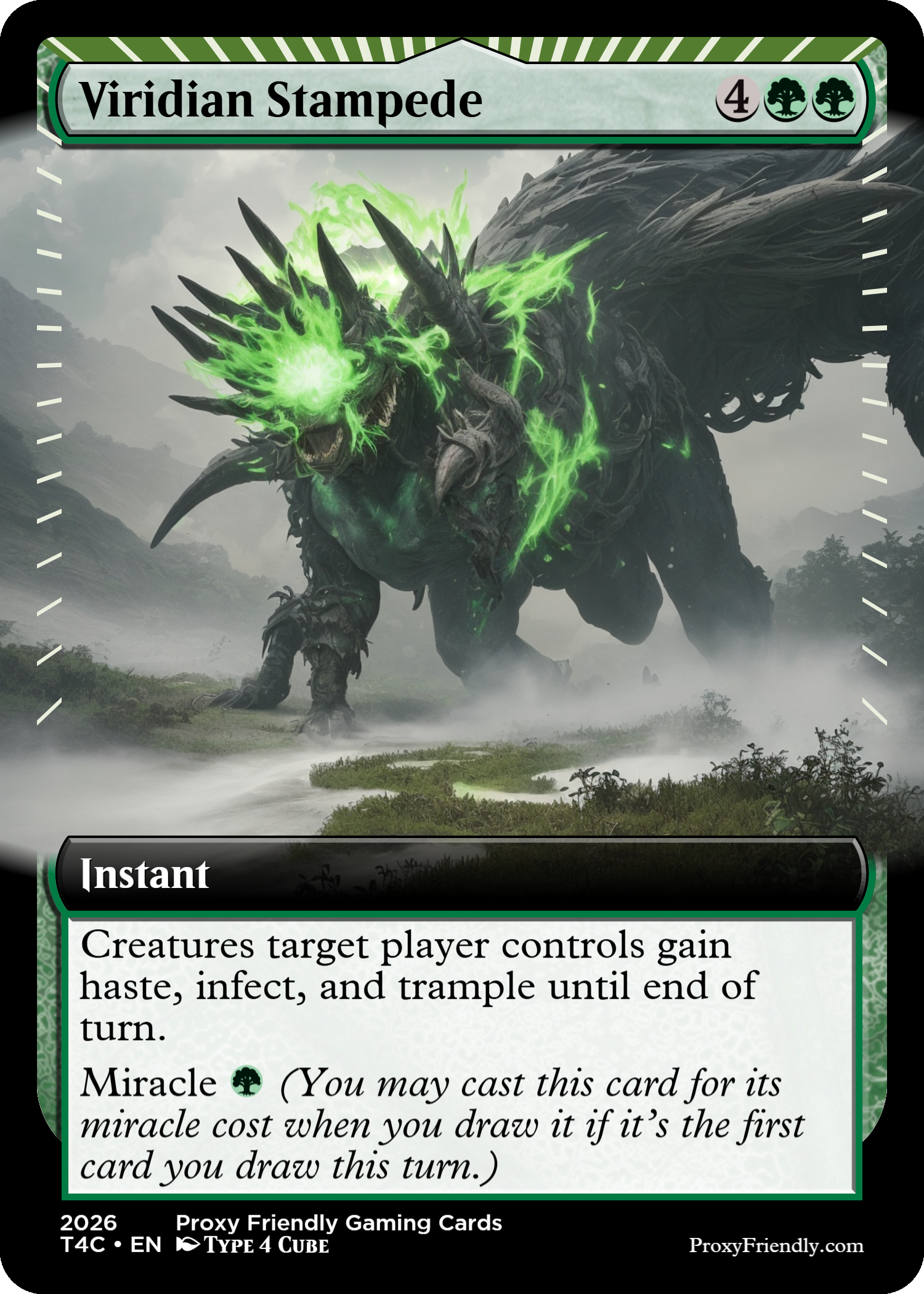 A fantasy creature resembling a massive, black, wolf-like beast with glowing green eyes and green energy crackling on its face and back, walking through a foggy landscape.