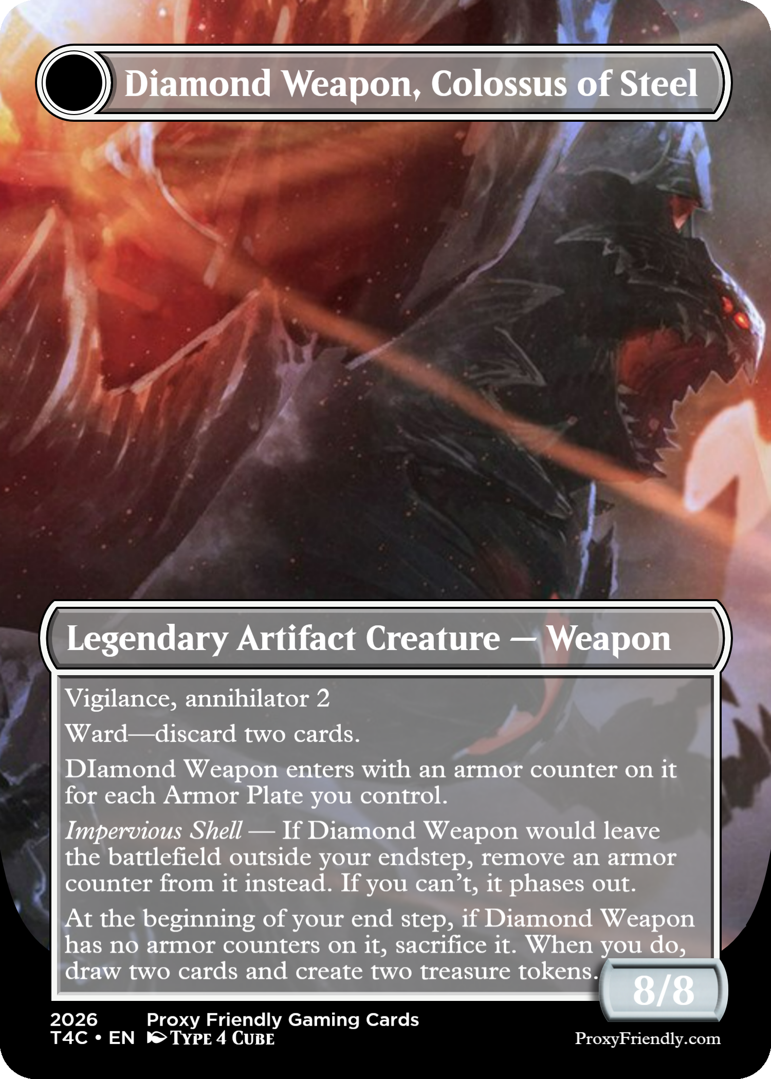 A game card titled 'Weapon, Colossus of Steel' features a dark, armored dragon-like creature with glowing red eyes, surrounded by an abstract cosmic background with a bright star or explosion and shards of metal or ice. The card contains game rules and statistics, including its type as a legendary artifact creature - weapon, with an 8/8 power and toughness, and details about its abilities and interactions in gameplay.