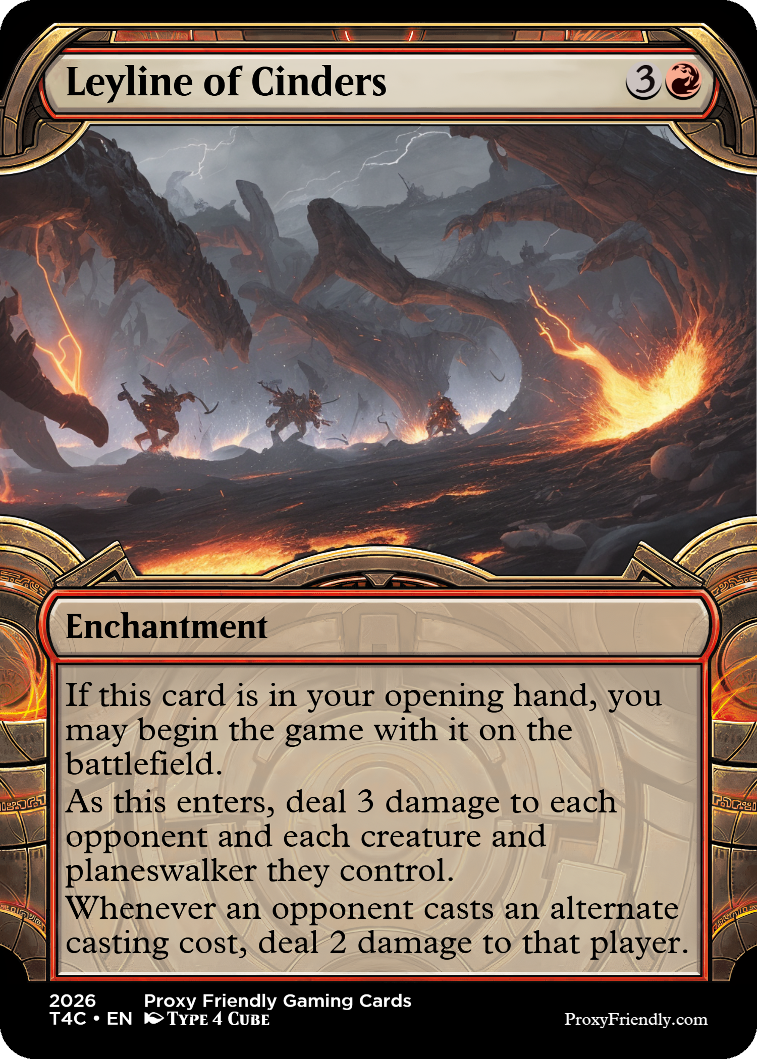 A fantasy-themed trading card titled 'Leyline of Cinders' with a dark landscape featuring volcanoes, lightning, and creatures. The card's effect describes dealing damage and the possibility to begin the game with it on the battlefield.