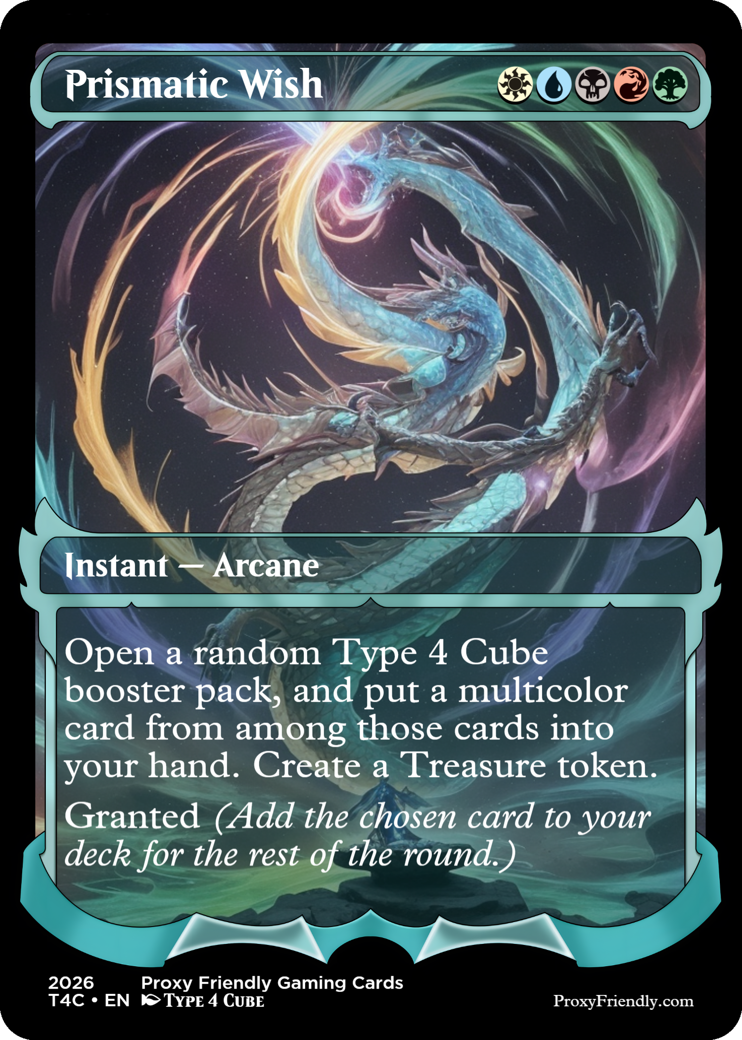 A fantasy-themed trading card titled "Prismatic Wish" featuring a cosmic dragon with a shimmering, colorful body and swirling elemental energies around it.