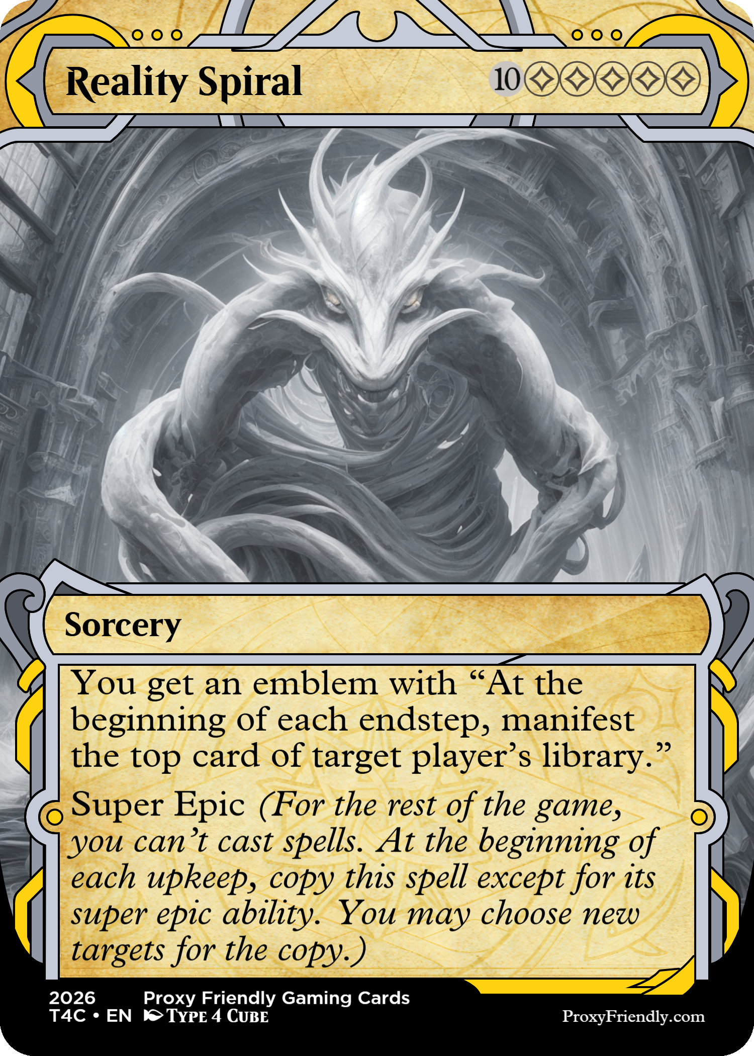 A fantasy game card titled 'Reality Spiral' with a grayscale illustration of a dragon-like creature with sharp features and glowing eyes. The card has text describing an in-game ability and is from Proxy Friendly Gaming Cards, 2026.