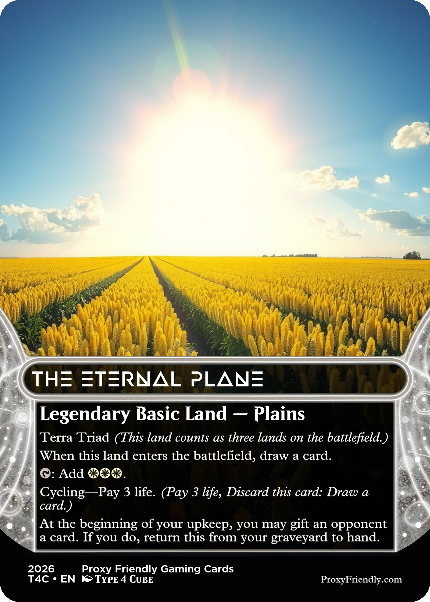 A field of yellow flowers under a bright sun with a few clouds in the sky, and a glowing card with the title 'The Eternal Plane' and description of a legendary basic land called 'Plains' for a game, including rules about drawing and gifting cards.