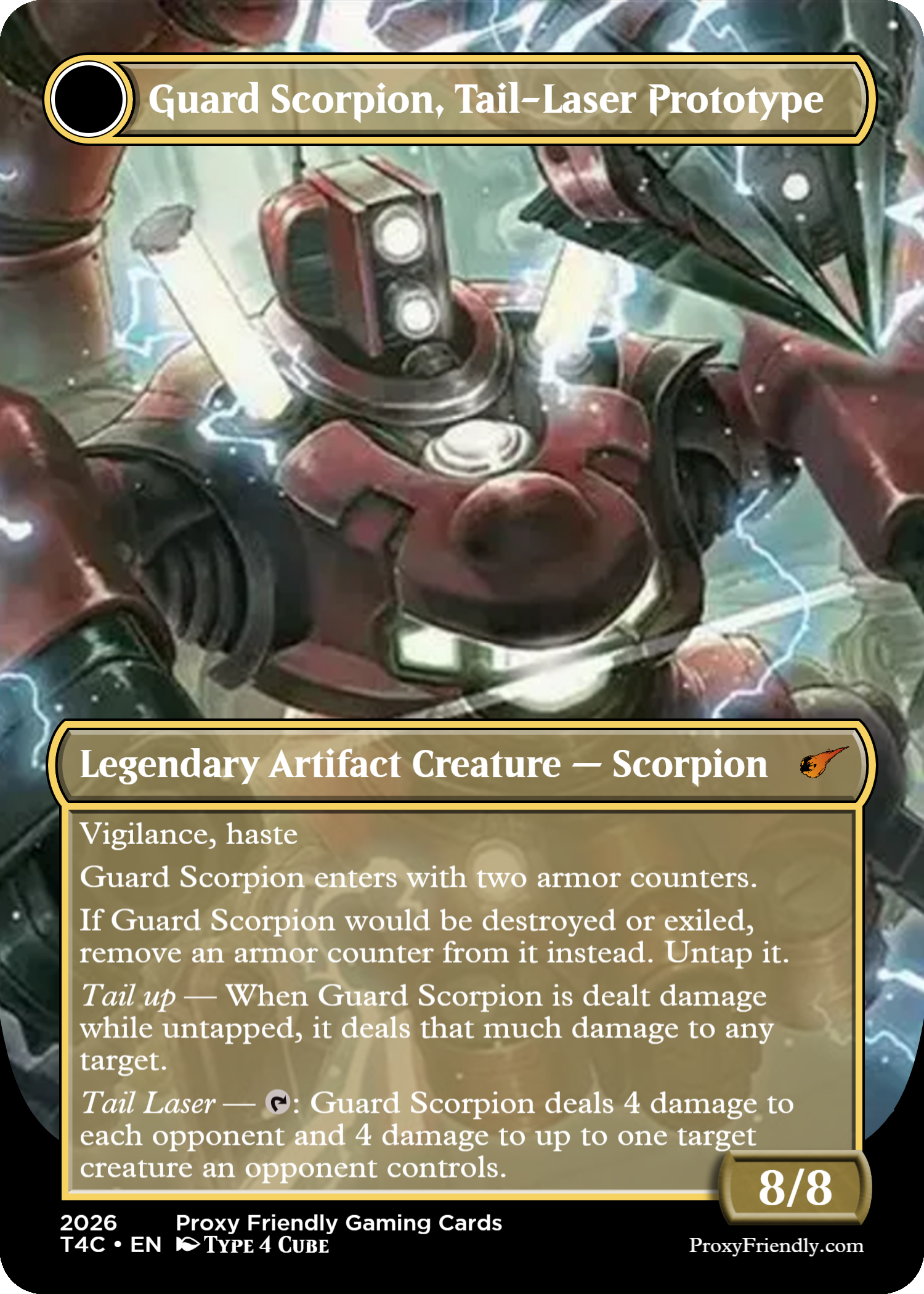A trading card from Proxy Friendly Gaming Cards featuring the Guard Scorpion, a tail-laser prototype. The card shows an armored robot with a scorpion motif emitting lightning, and includes descriptions of its abilities and stats.