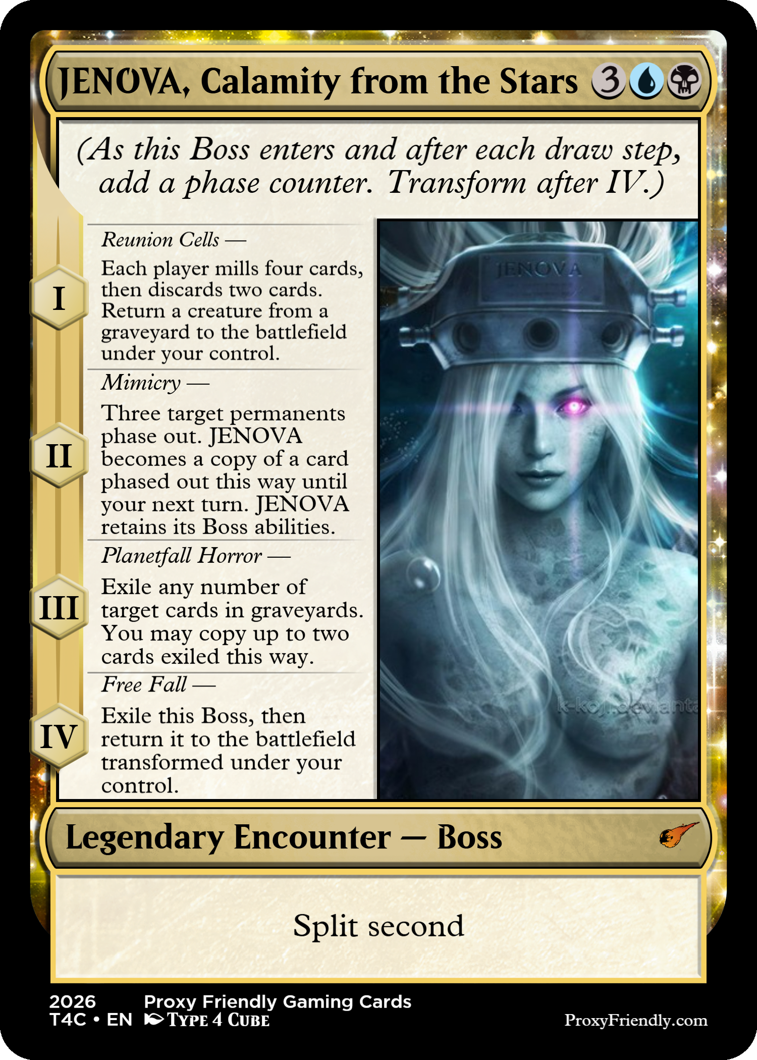 A Magic: The Gathering card titled "JENOVA, Calamity from the Stars." It features a female figure with a helmet and a glowing purple eye, surrounded by swirling energy. The card has a gold border and four mana symbols at the top right. Text on the card describes its abilities and flavor text. The bottom mentions it as a legendary enchantment – boss, with additional details and copyright information.