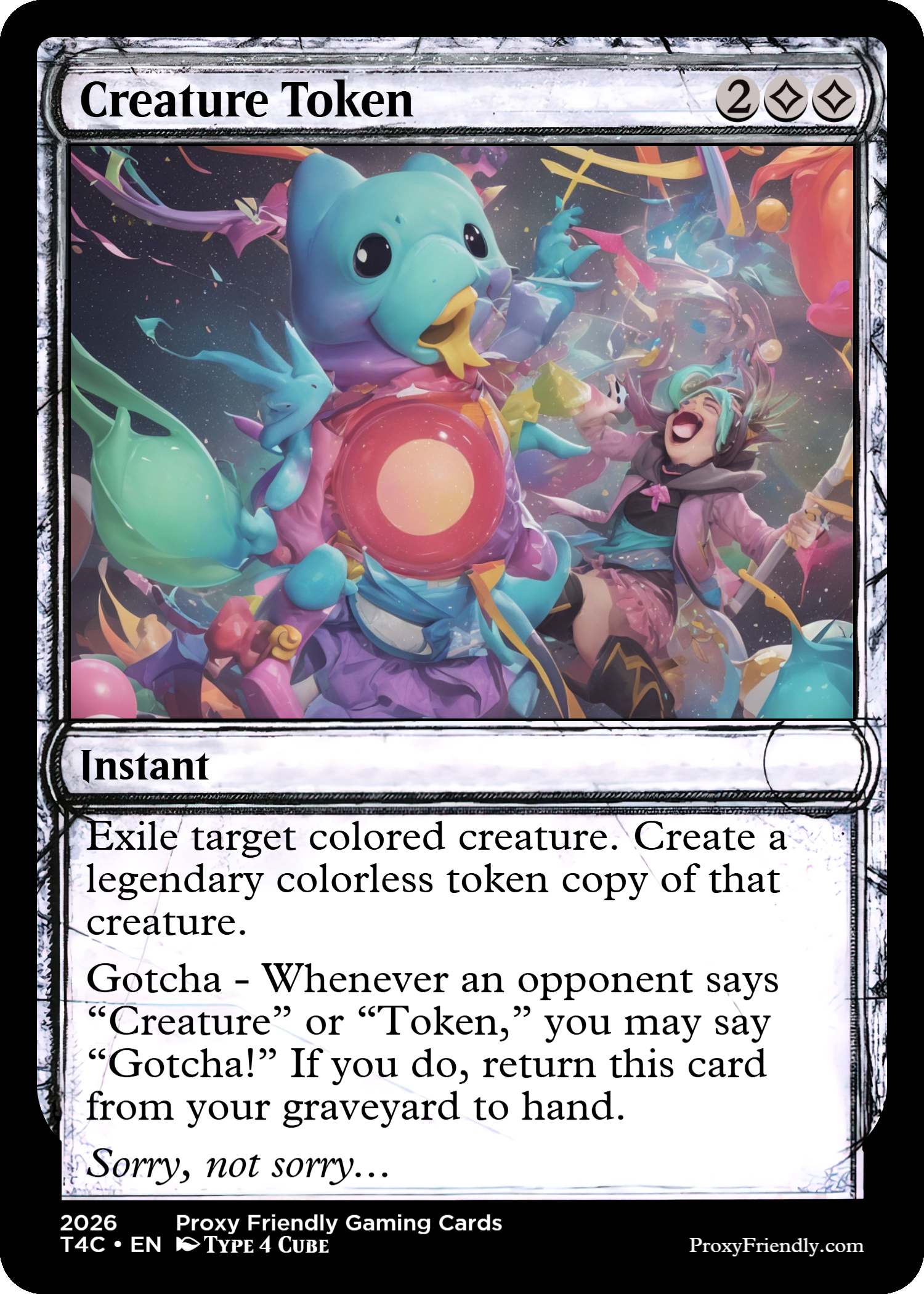 Fantasy trading card titled 'Creature Token' with a colorful illustration of a fish-like creature with a blue head and pink body, surrounded by vibrant, swirling colors and a joyful woman with teal hair in the background.