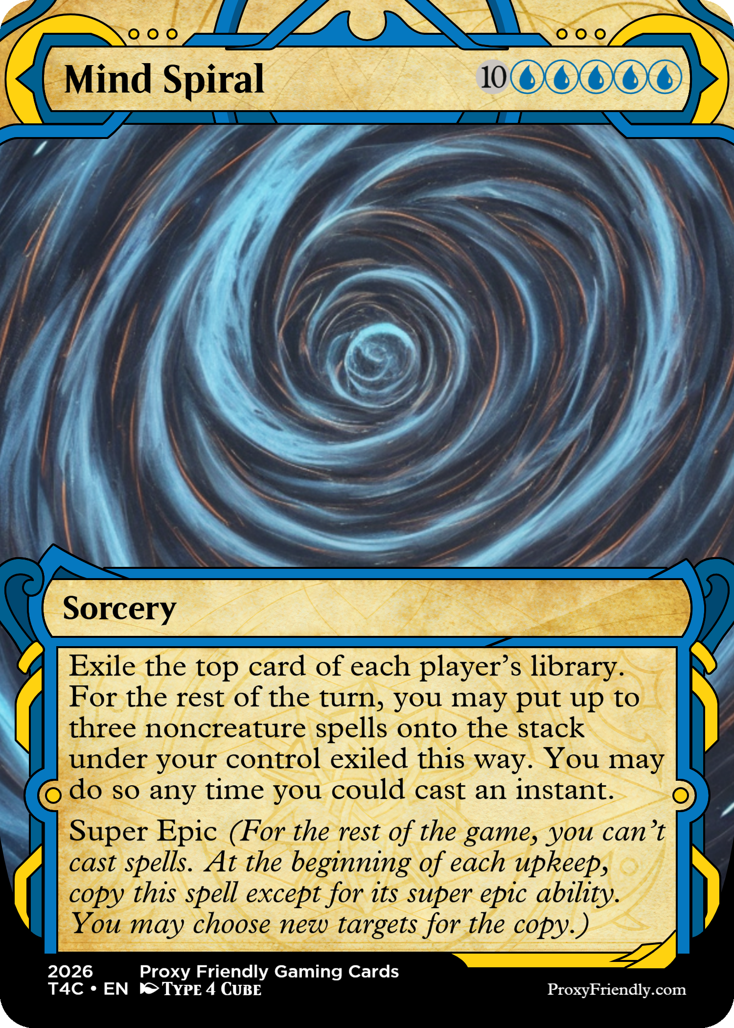 Trade card titled 'Mind Spiral' featuring a swirling vortex of blue and black. Contains game instructions for a spell card named 'Sorcery,' which allows searching a player's library for a spell and shuffling. The card has a cost of 10 blue mana symbols and a super epic ability.