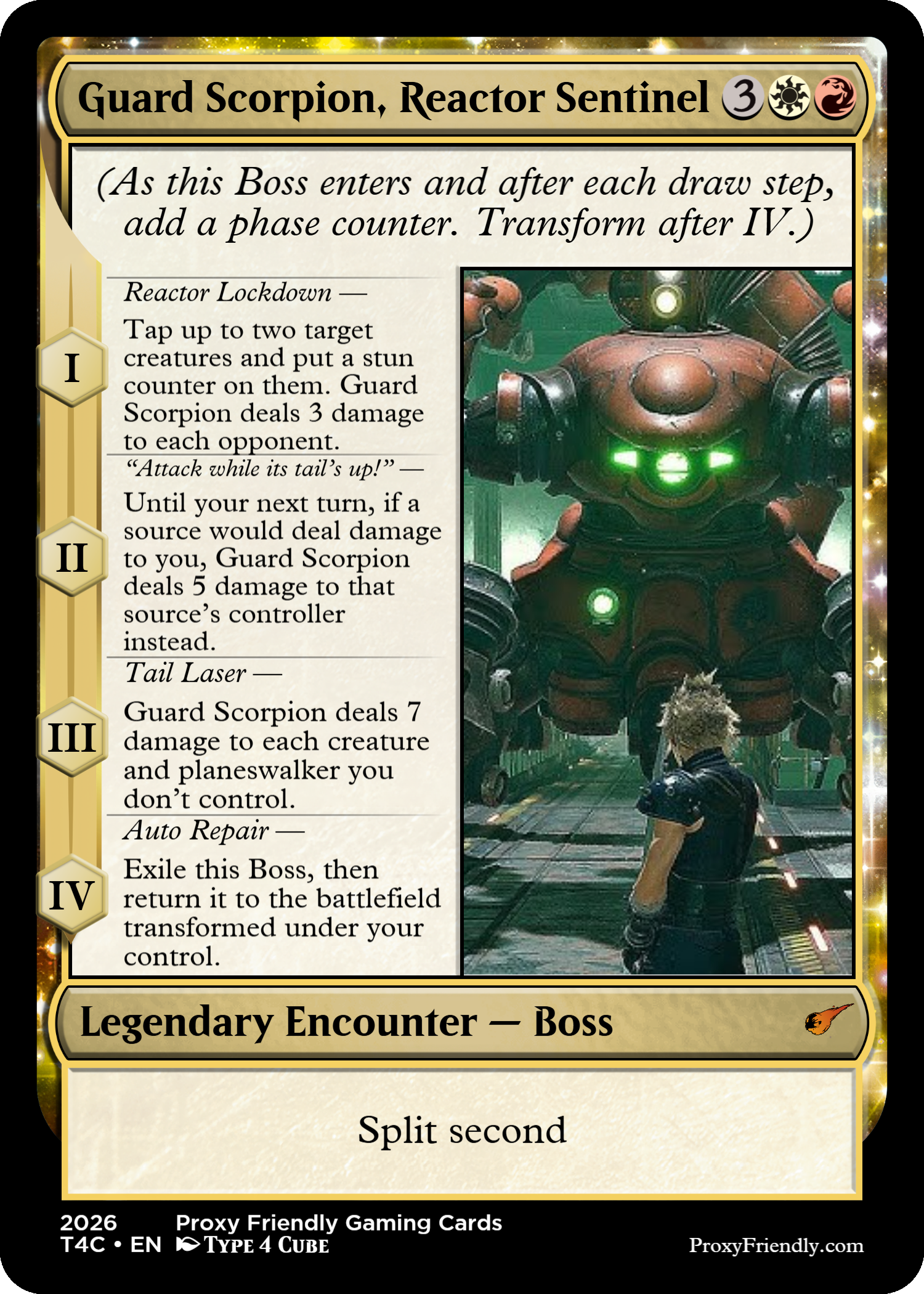 A collectible trading card titled 'Guard Scorpion, Reactor Sentinel'. The card features an illustration of a large robot scorpion with glowing green lights, facing a person in a dark urban environment. The card contains game instructions and characteristics such as 'Legendary Enchantment - Boss' and abilities like 'Reactor Lockdown', 'Attack while its tail's up!', 'Tail Laser', and 'Auto Repair'. The card has a golden border and other design elements, with a small fire icon at the bottom right corner.