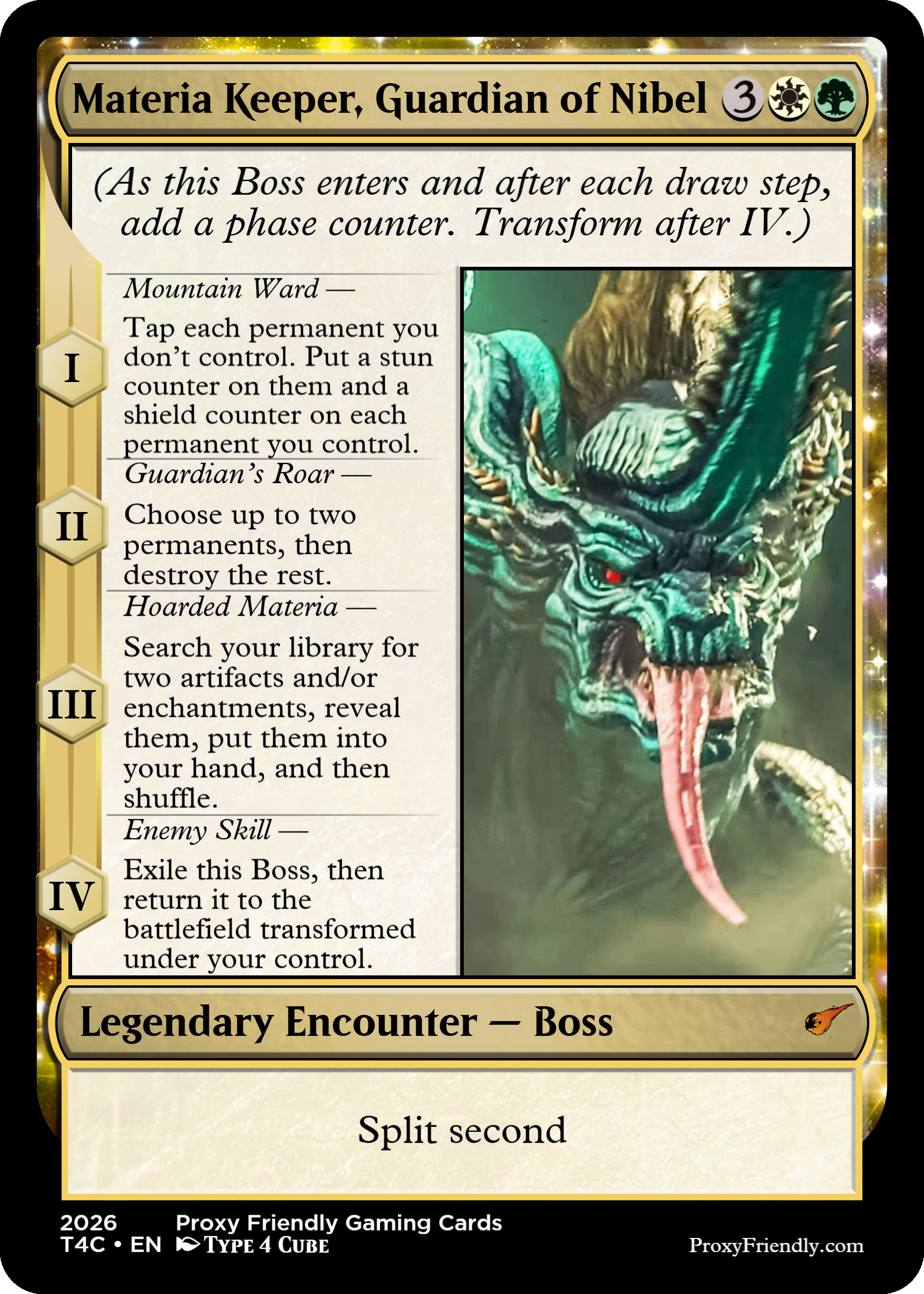 A Magic: The Gathering card titled "Materia Keeper, Guardian of Nibel" featuring a blue and green dragon with glowing red eyes, with four ability descriptions on the left side and gold border with sparkles.