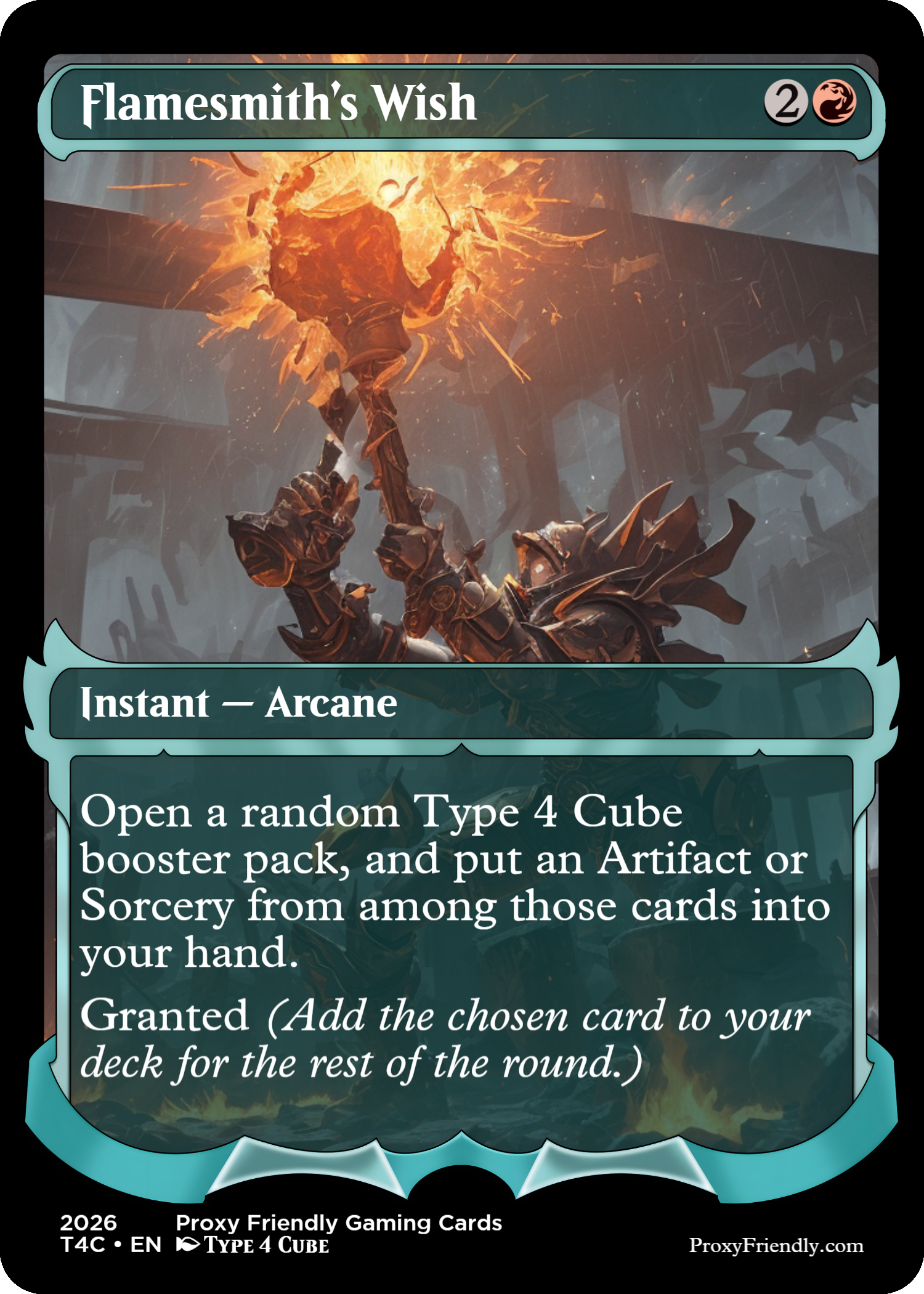 Magic card titled 'Flamesmith's Wish' showing a dwarf blacksmith wielding a flaming torch in a forge.