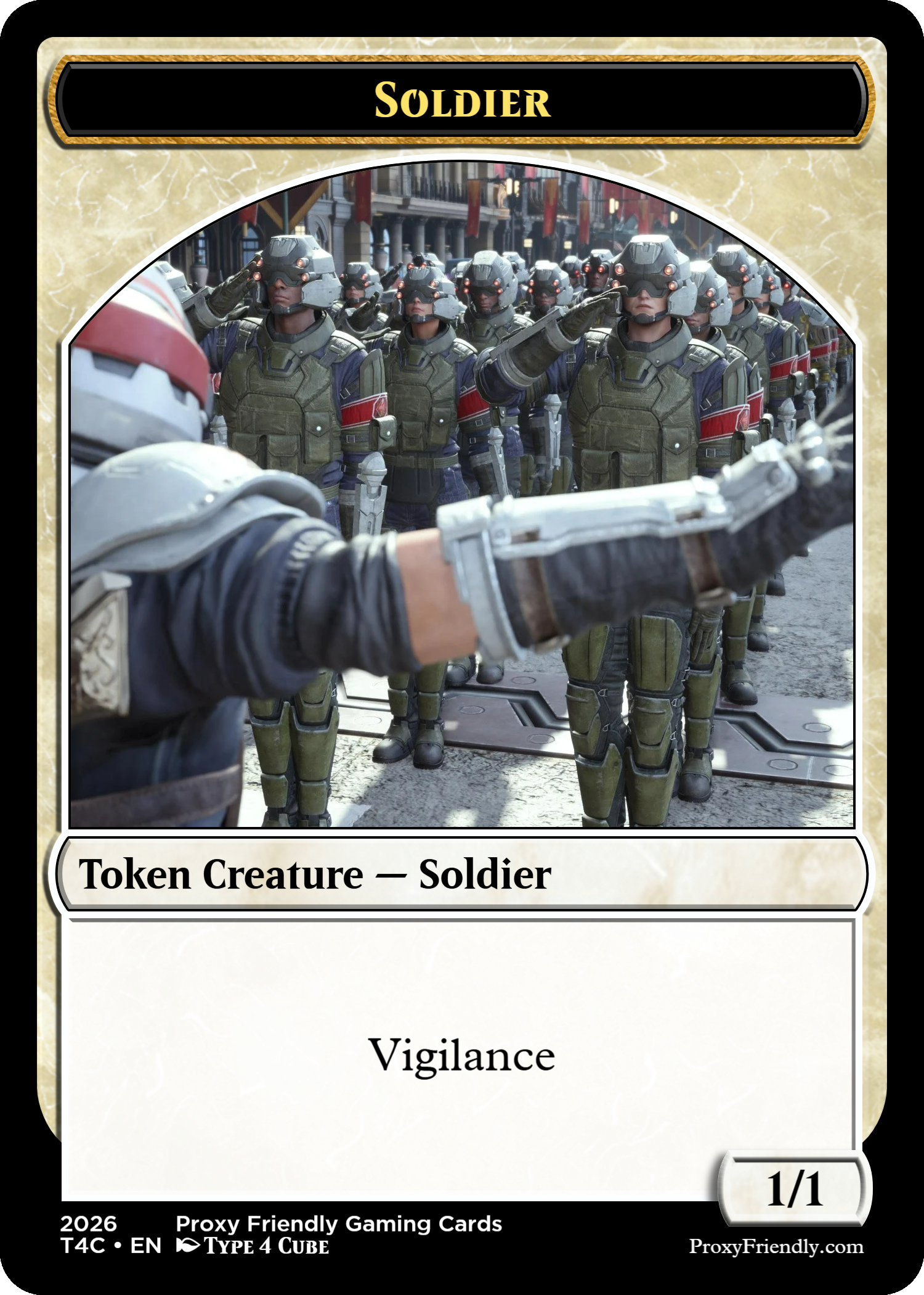A group of soldiers wearing high-tech armor and helmets, standing at attention while saluting in a city street. A person in futuristic armor is in the foreground, pointing or saluting towards them.