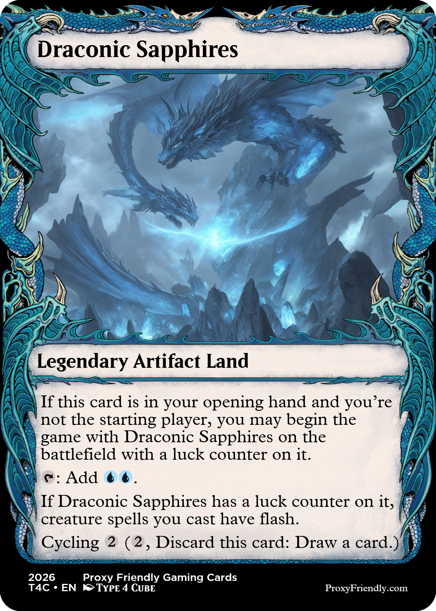 A fantasy illustration of two large blue dragons in a dark, icy landscape, breathing ice or frost, with a glowing blue light in the background, surrounded by icy mountains and clouds.