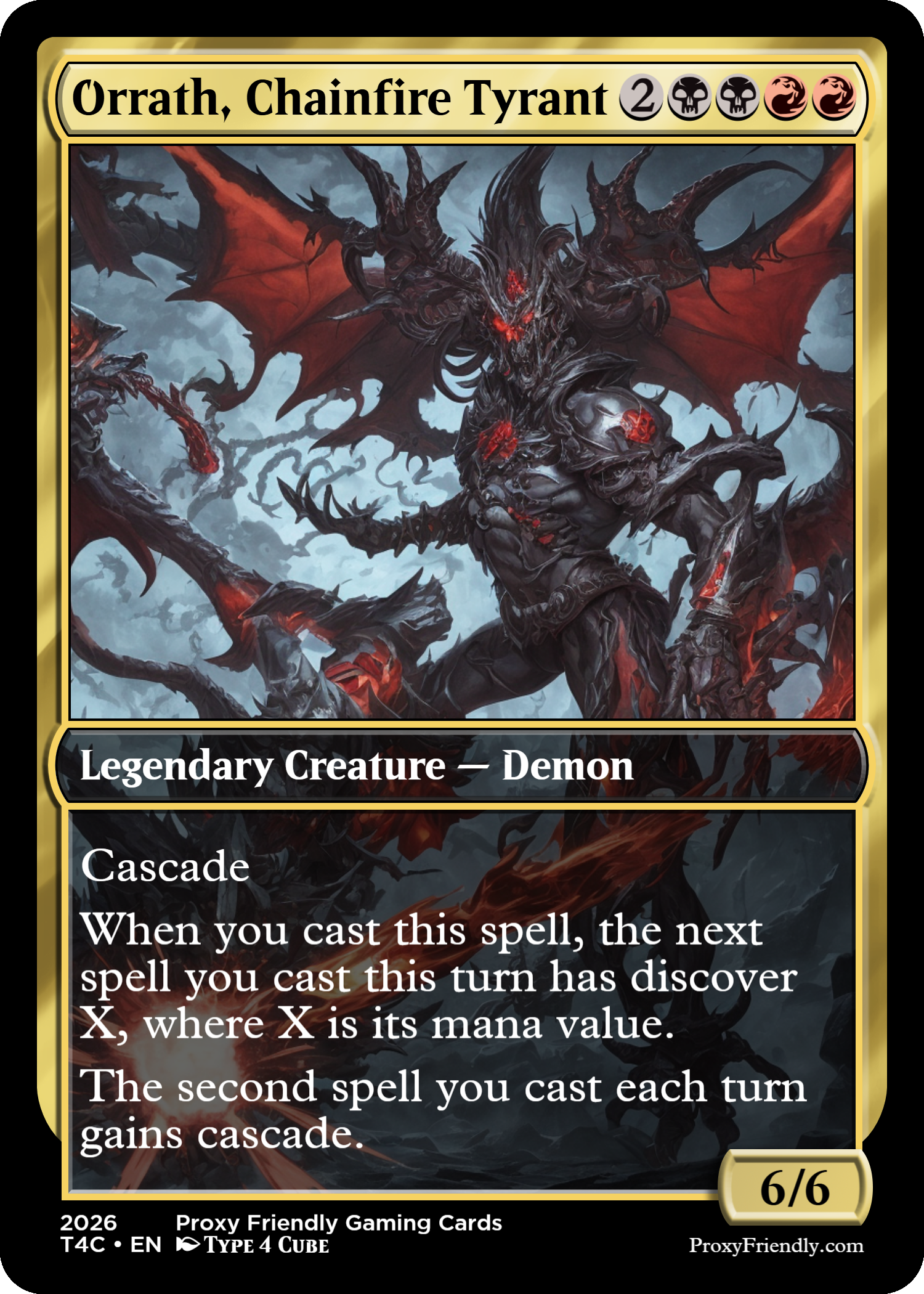 Artwork of Orrath, Chainfire Tyrant, a large demon with dark armor, red wings, and multiple horns, standing menacingly with glowing red eyes and an open mouth.