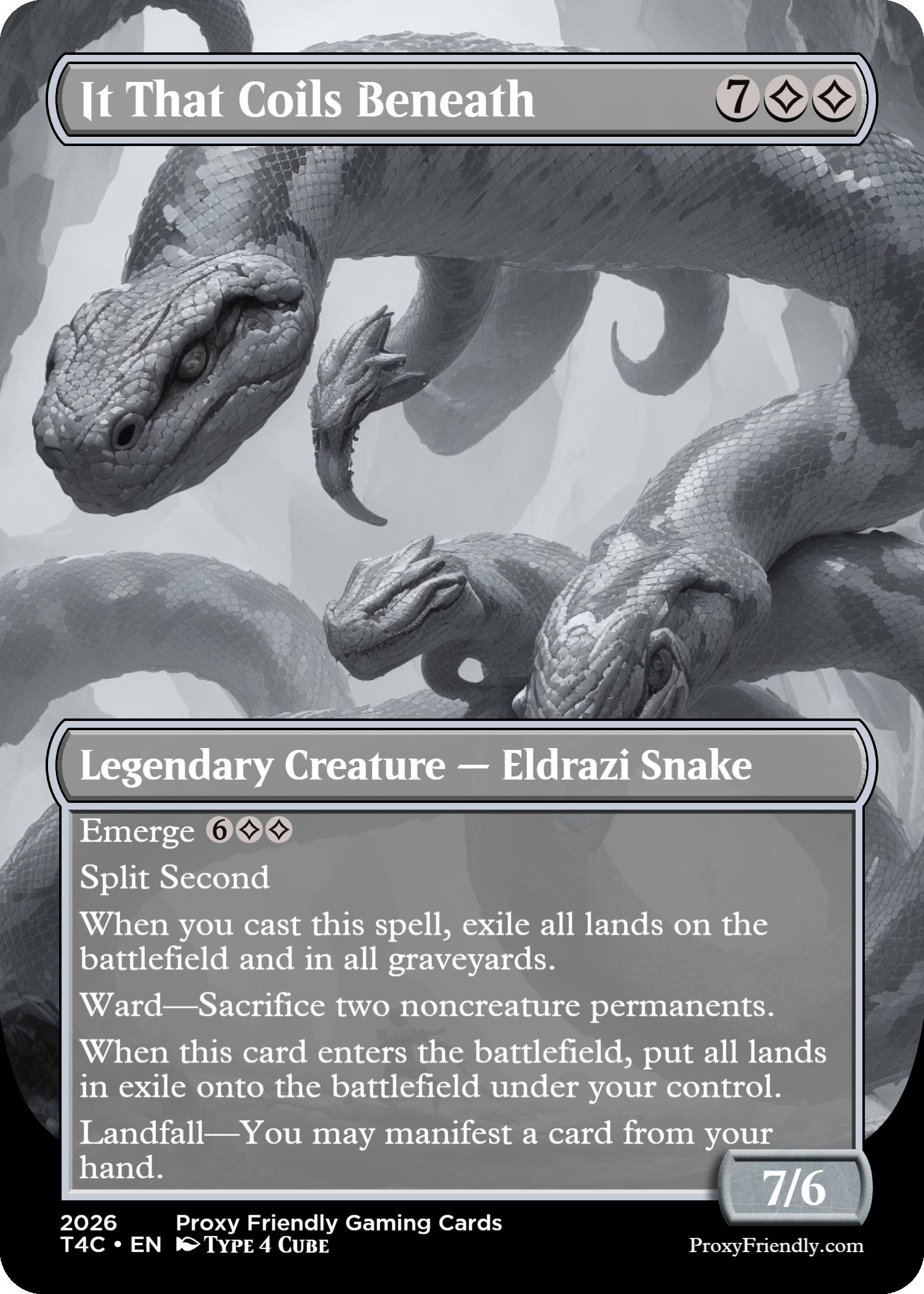 A Magic: The Gathering card titled "It That Coils Beneath" featuring grayscale artwork of several coiled and intertwined Eldrazi snakes with detailed scales and ominous expressions.