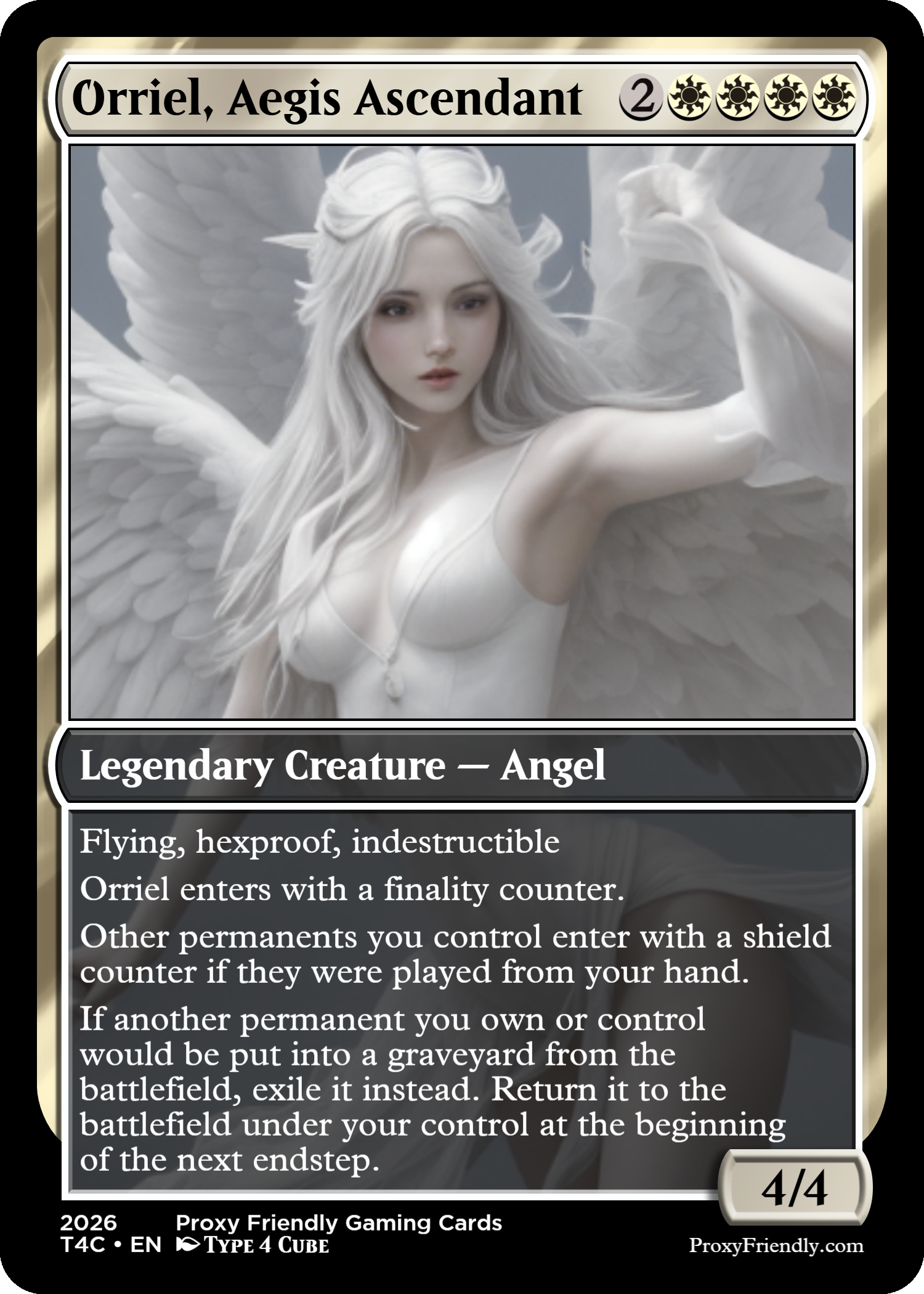 A fantasy trading card titled "Orriel, Aegis Ascendant" featuring an angelic woman with long white hair, large white wings, and a white dress.