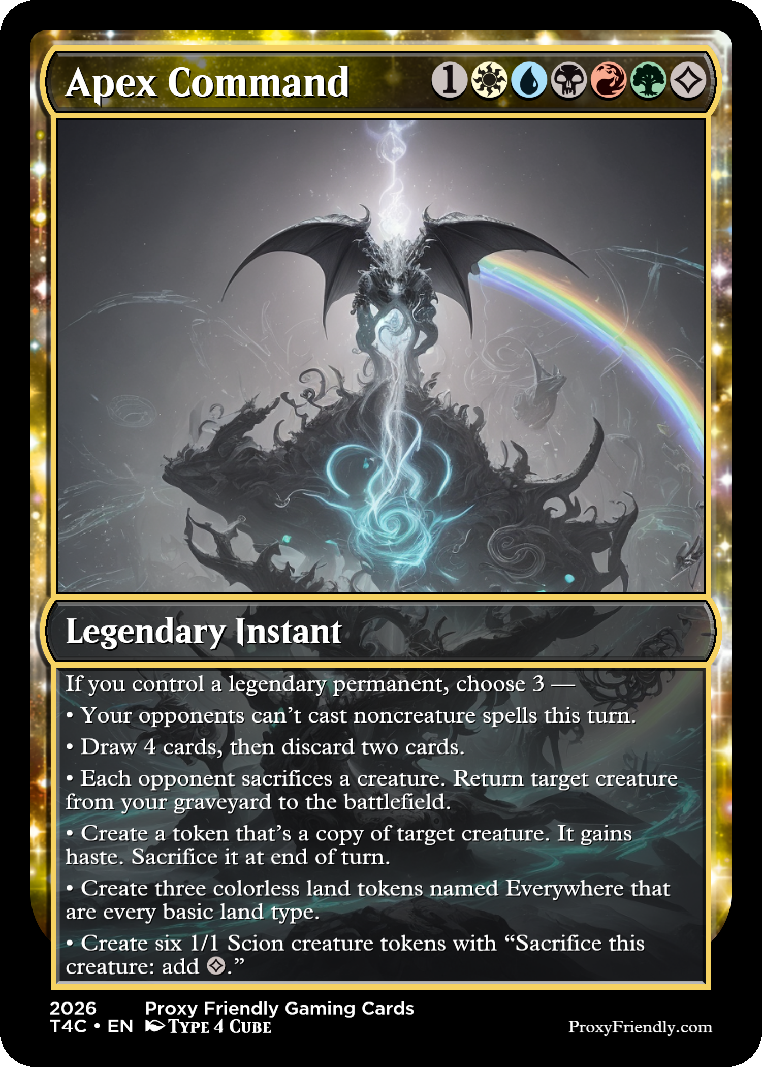 A Magic: The Gathering card titled 'Apex Command' featuring a dark dragon with wings and glowing smoke emanating from its mouth, with a rainbow and a storm cloud in the background.