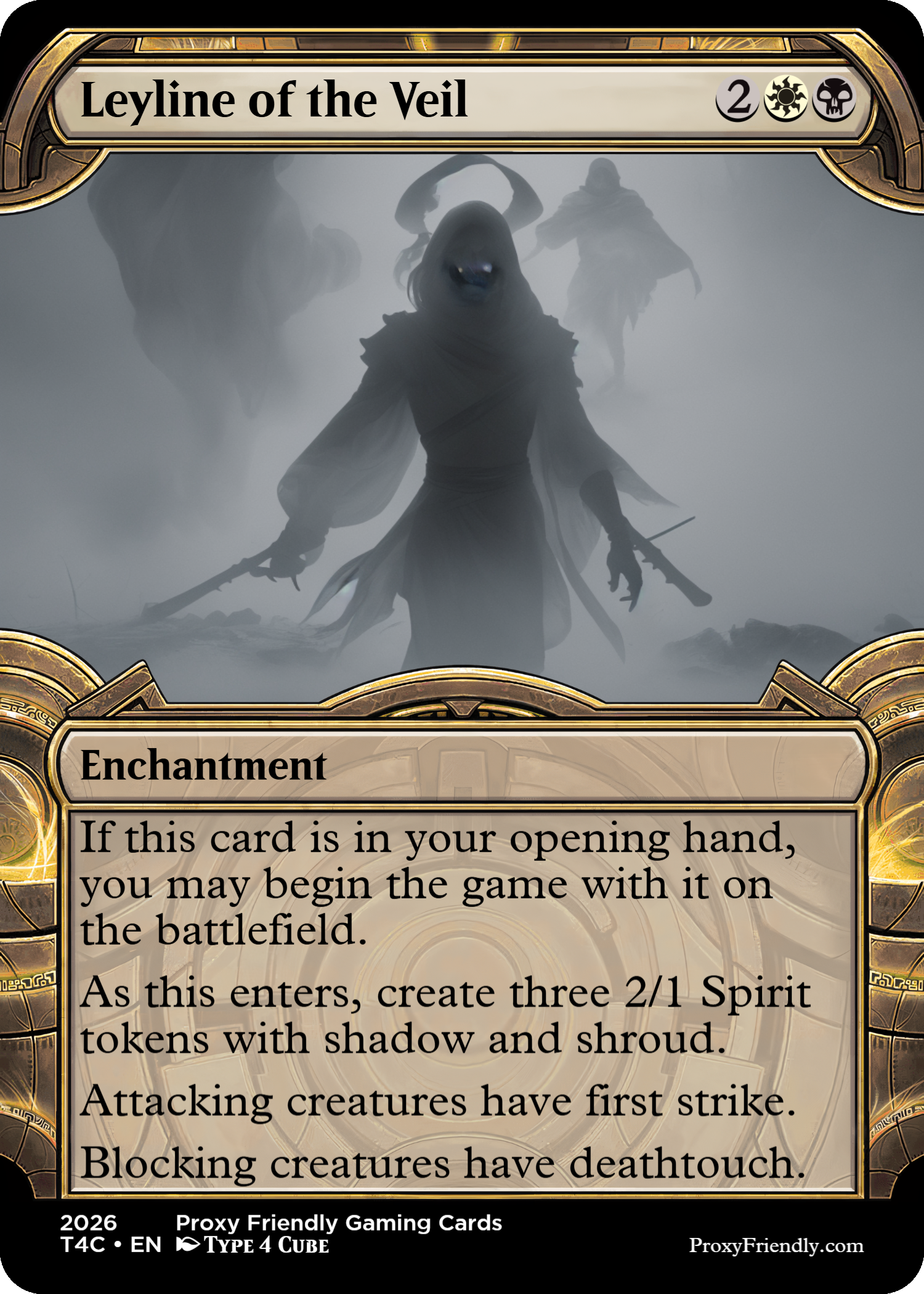 A mystical figure shrouded in fog with ghostly faces behind, depicted on a fantasy trading card titled "Leyline of the Veil" from the game Magic: The Gathering.