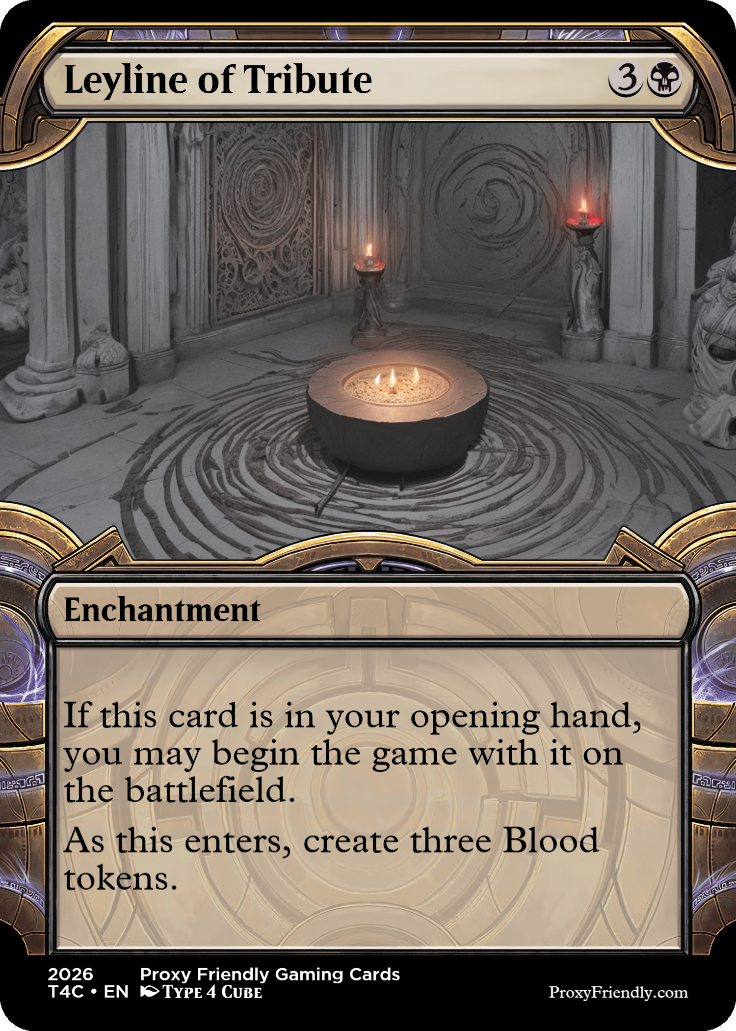 A Magic: The Gathering card titled 'Leyline of Tribute' with artwork depicting a stone altar with glowing runes and three small flames. The background shows a stone chamber with candles on pedestals and carved walls featuring spiral patterns.