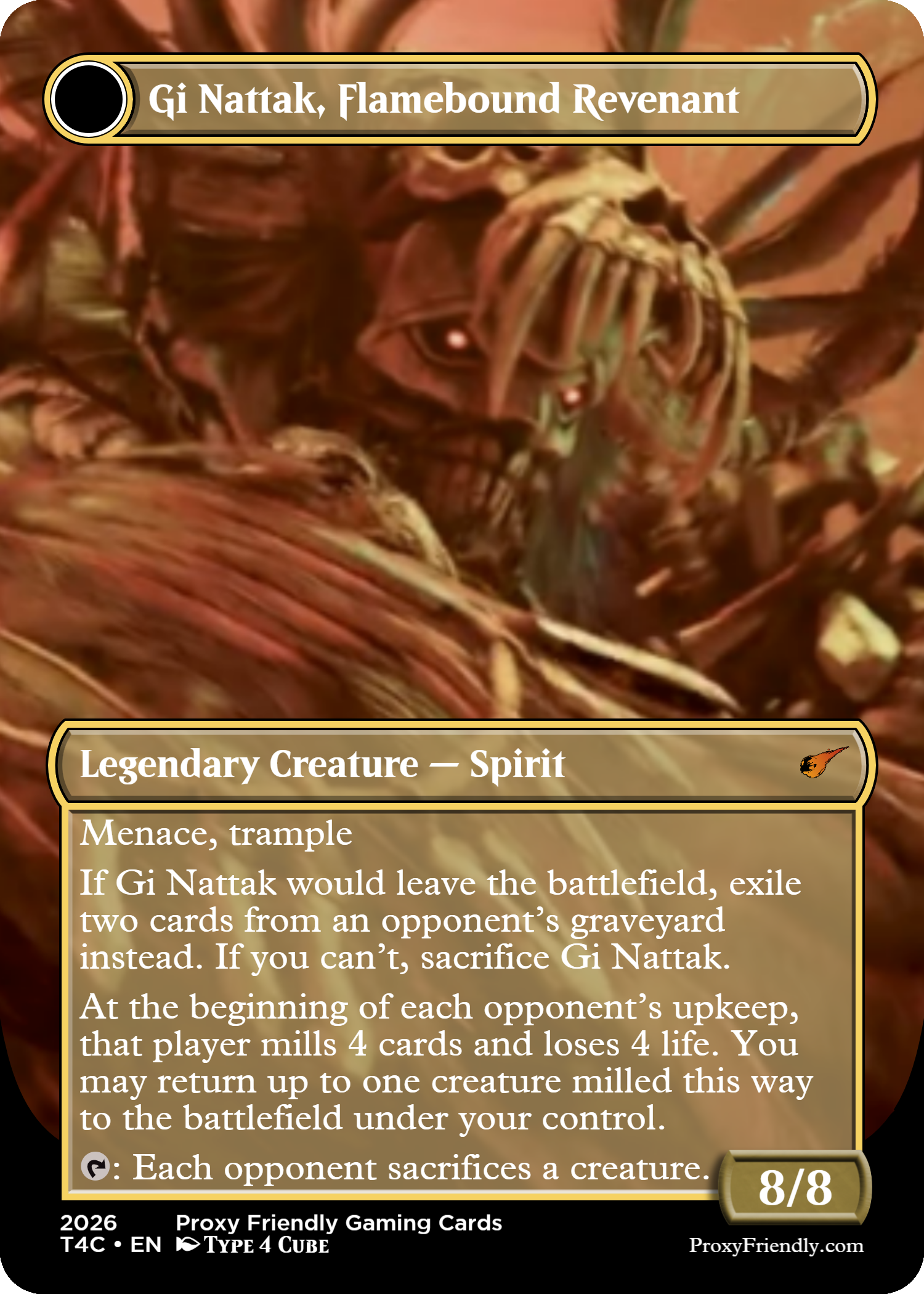A trading card titled 'Gi Nattak, Flamebound Revenant' features artwork of a fierce, fiery-skinned creature with glowing eyes and a skull-like face. The card includes game text about its abilities, such as causing opponents to exile cards or sacrifice creatures, with the stats 8/8 and indicating it is a legendary spirit creature.