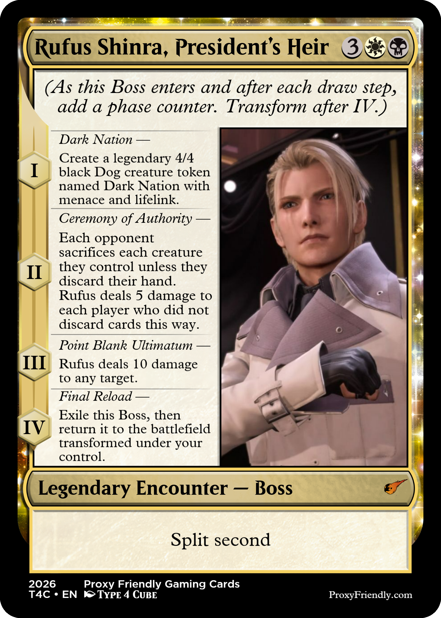 A gaming card titled "Rufus Shinra, President's Heir" with a picture of a blond man in a beige military-style uniform, crossed arms, and a serious expression, with a starry decorative frame, and game-related text and symbols.