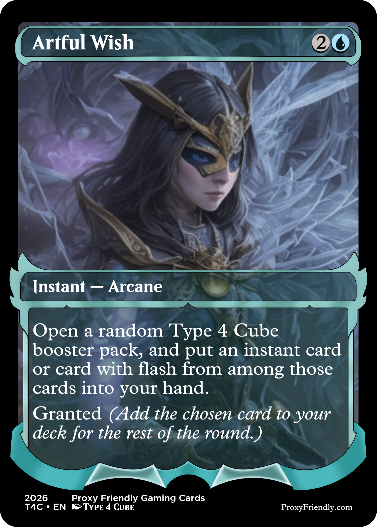 Magic the Gathering card titled 'Artful Wish' featuring a female figure in dark armor with elaborate gold and blue details, wearing a gold and blue helmet, surrounded by icy or crystalline elements.
