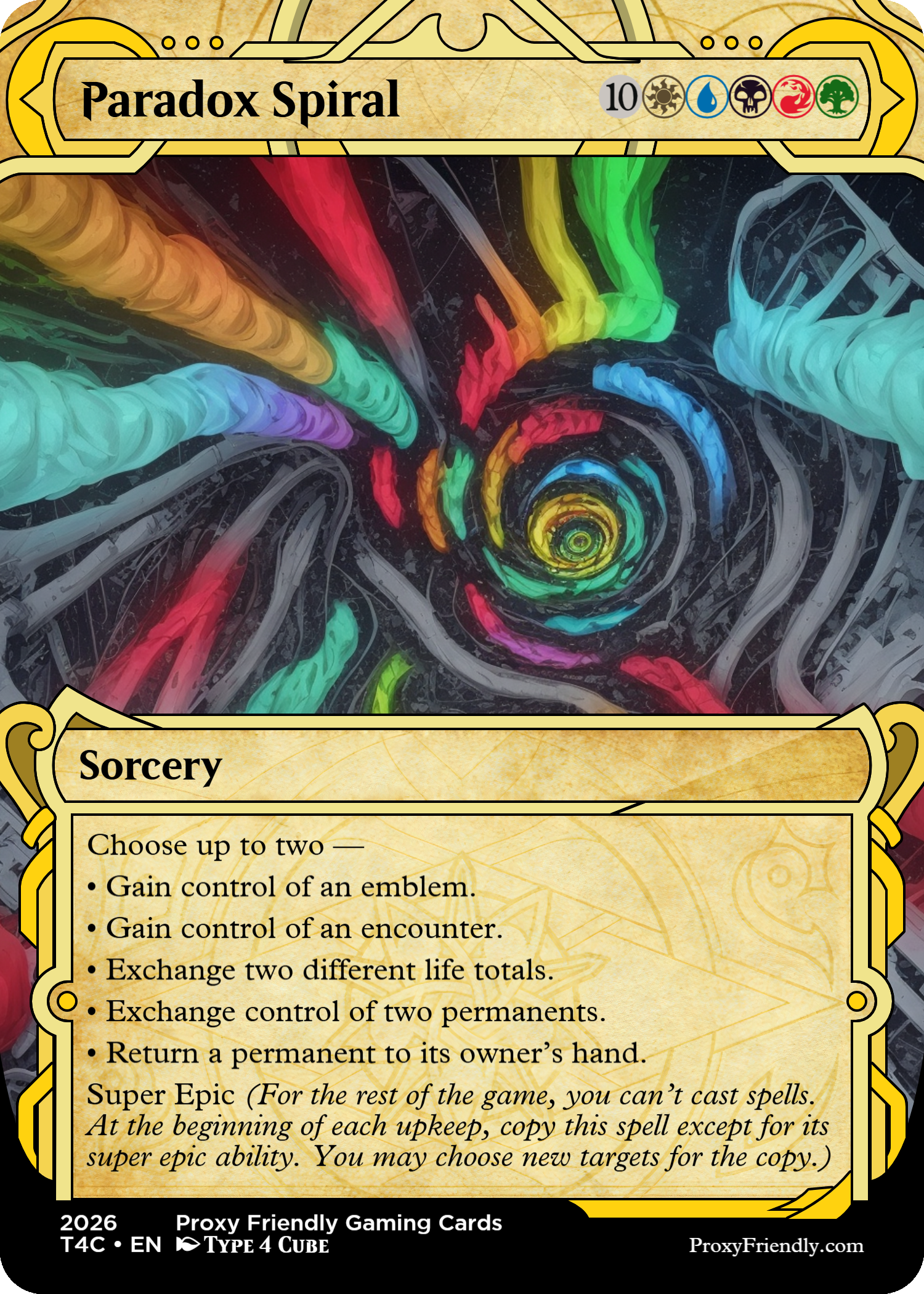 A card titled 'Paradox Spiral' from a stack of gaming cards, with a spiral galaxy illustration featuring multicolored swirls including yellow, green, blue, red, and purple, against a starry black background. The card has symbols indicating various types or attributes and text describing its game effects, including options for gaining control of an emblem or encounter, exchanging life totals, or returning a permanent to its owner's hand.