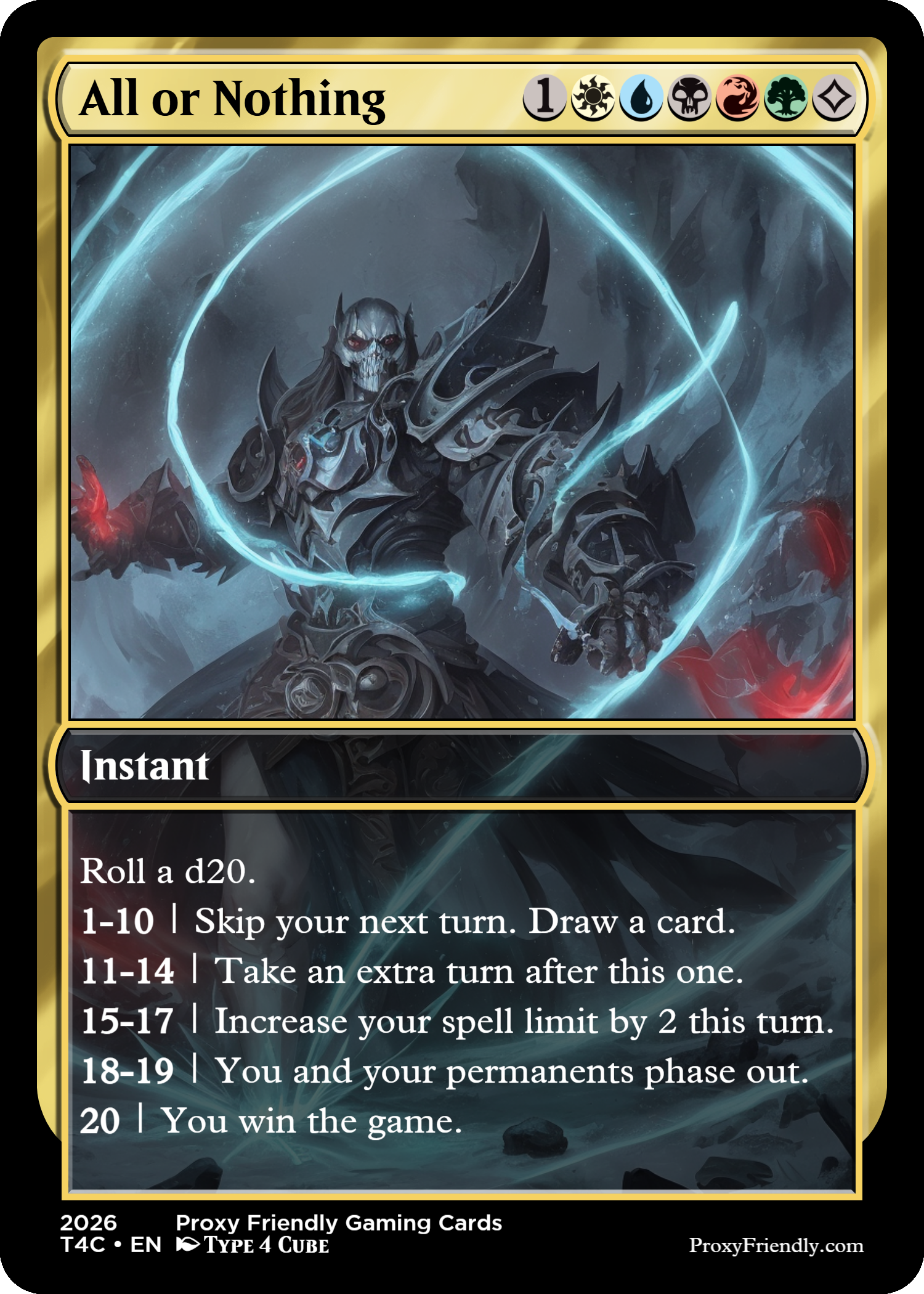 A Magic: The Gathering card titled 'All or Nothing' featuring a skeleton-like armored warrior with glowing red eyes, surrounded by glowing blue energy.