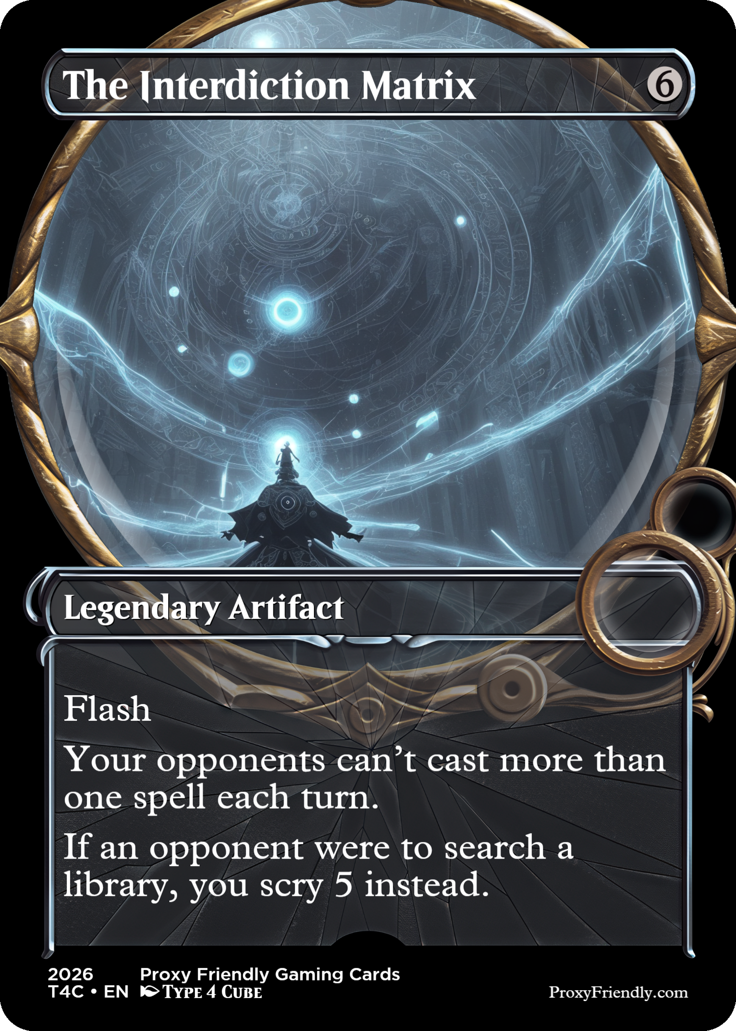 A game card titled "The Interdiction Matrix" with a futuristic, glowing blue design featuring a figure in a meditative pose overlooking a swirling cosmic scene. The card is labeled as a legendary artifact with descriptions about providing protection from all colors and preventing opponents from gaining life or damage.