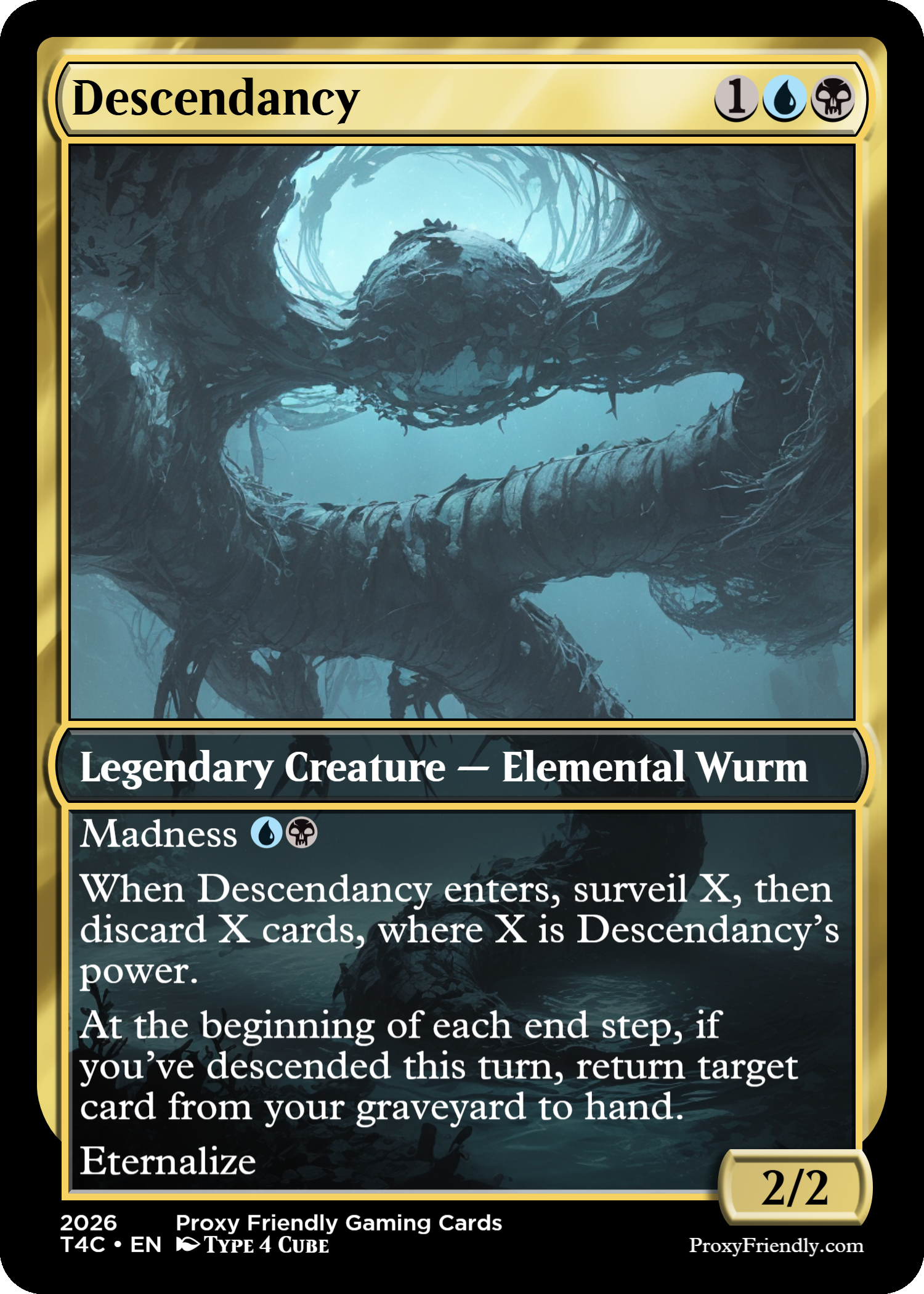 A Magic: The Gathering card titled "Descendancy" with artwork depicting a deep, dark underground cavern with twisted roots and a glowing blue light overhead. The card is a Legendary Creature — Elemental Wurm with a power and toughness of 2/2, special abilities, and a gold border indicating it's a rare card.