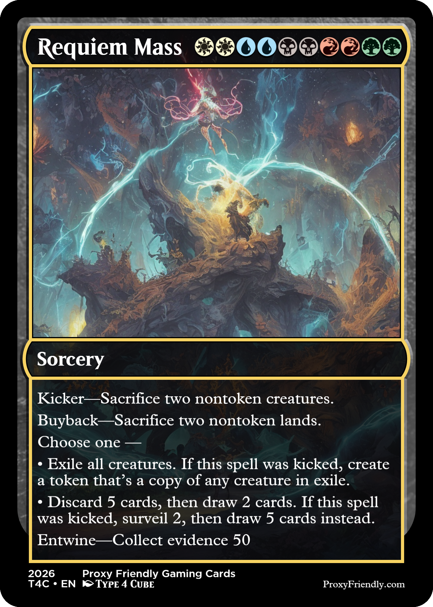 A fantasy-themed trading card titled 'Requiem Mass' with artwork depicting a chaotic scene with lightning and mystical figures on a dark, rocky landscape.