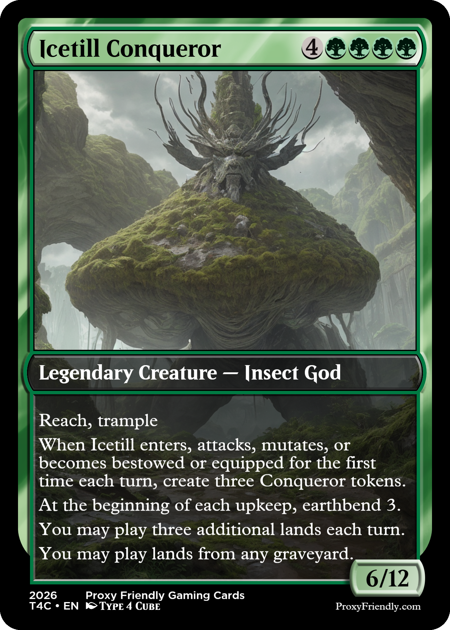 A fantasy trading card titled 'Icetill Conqueror' featuring a large floating moss-covered island with a tree-like creature with branch-like antlers and a face on top of the island, set in a misty forest environment.